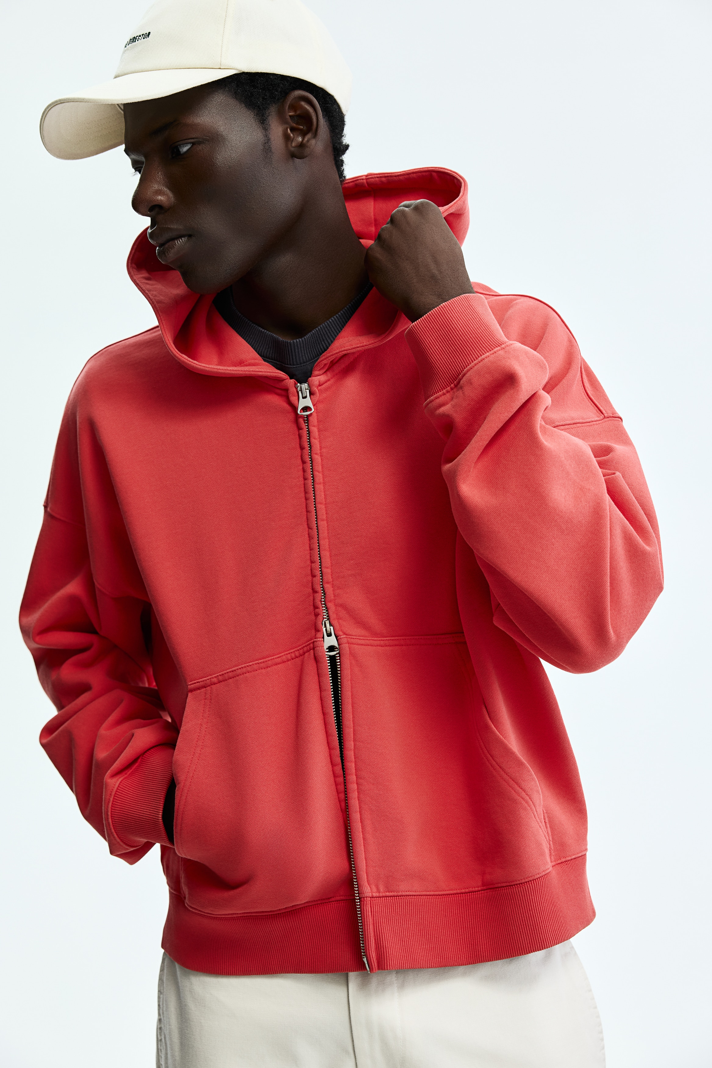 Ζακέτα Oversized Fit με φερμουάρ και κουκούλα - Έντονο κόκκινο/Μαύρο