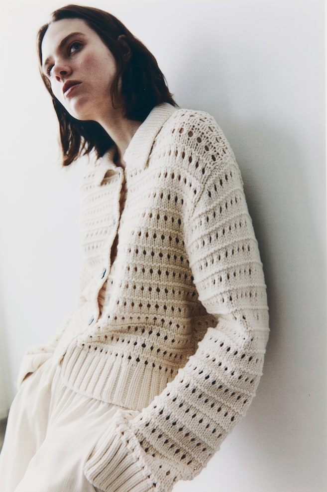Hole-knit collared cardigan - Light beige - 1