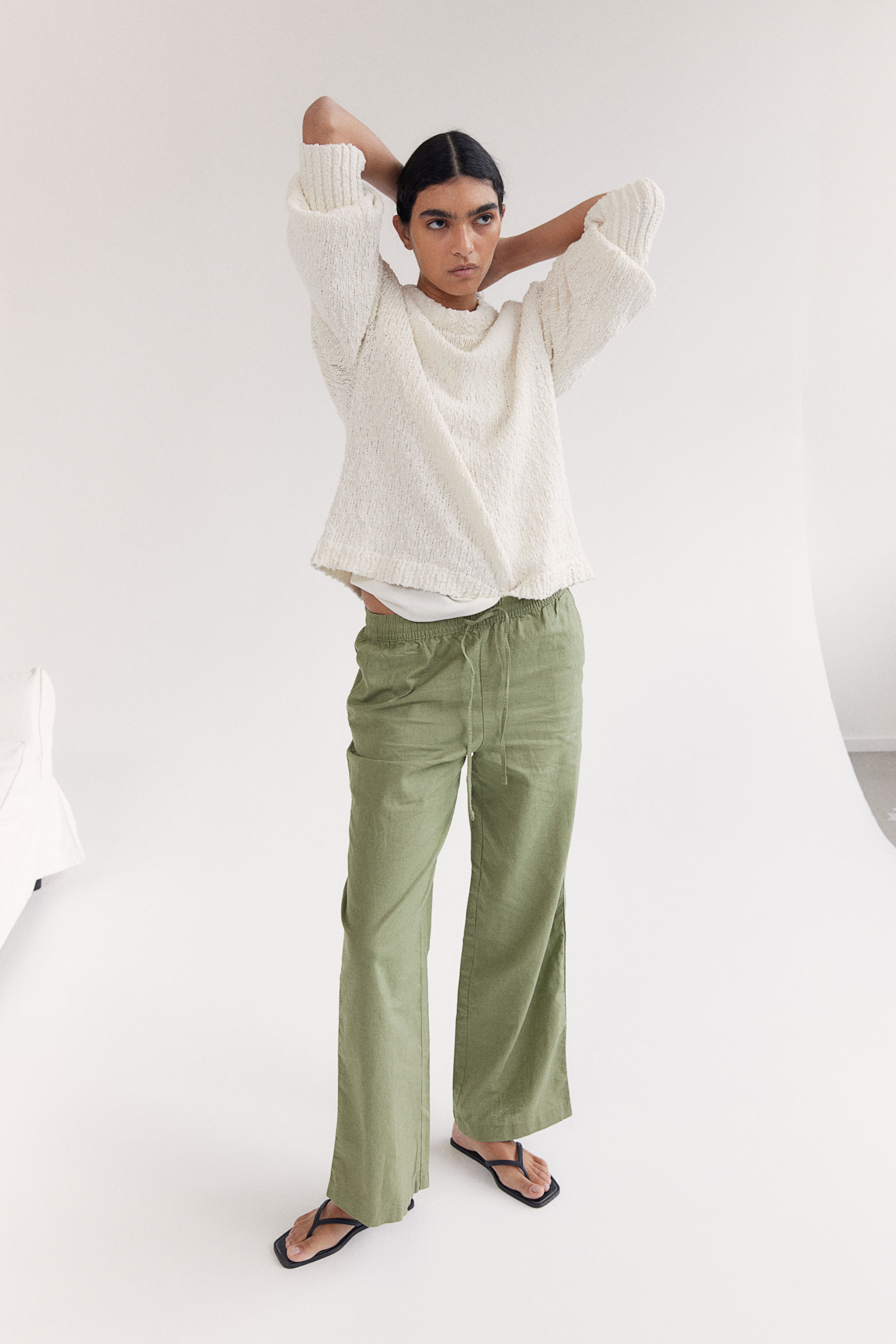 Linen-blend Pants - Khaki green - Ladies | H&M US