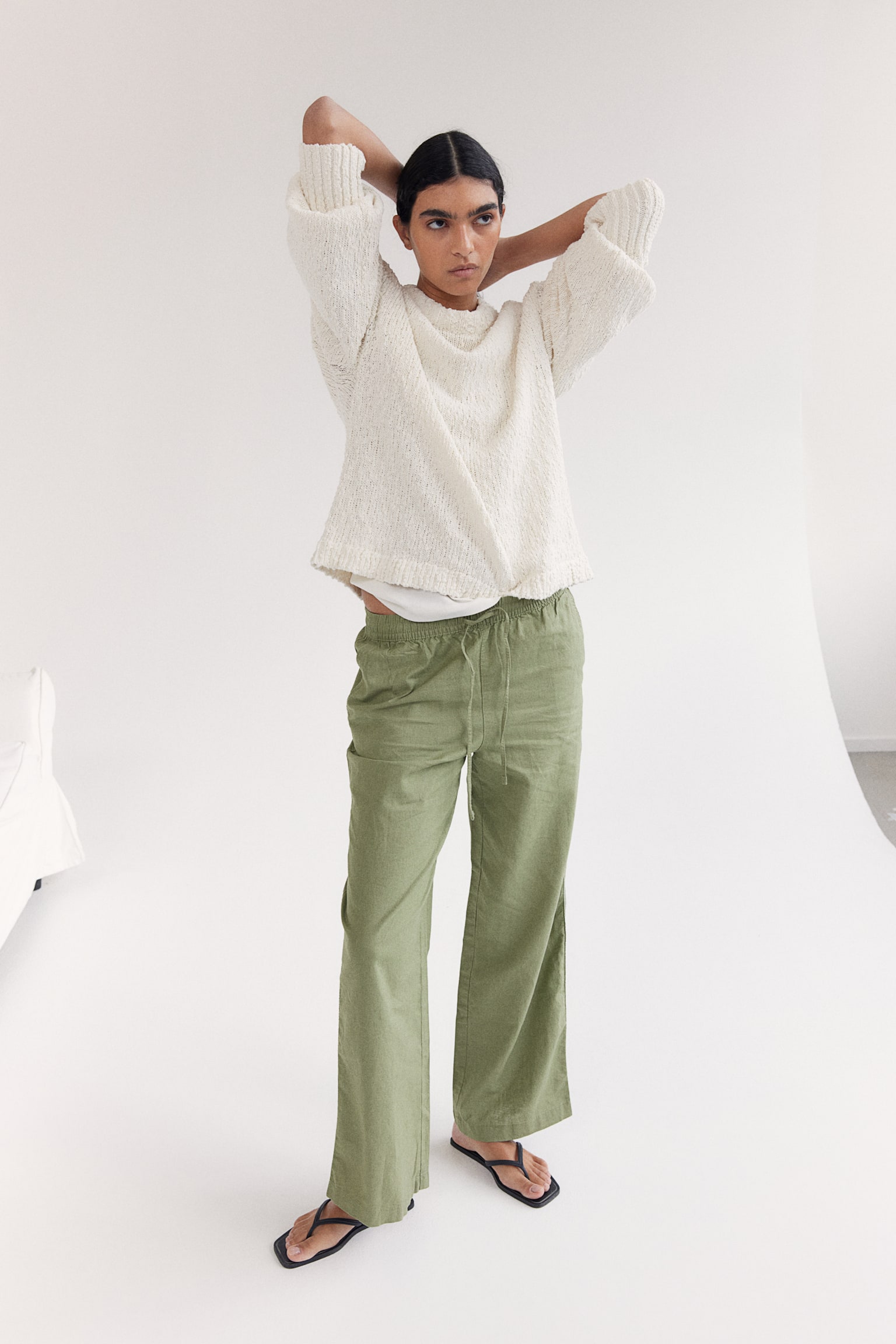 Linen Blend Pants - Khaki green/Black/White/Light beige - 1