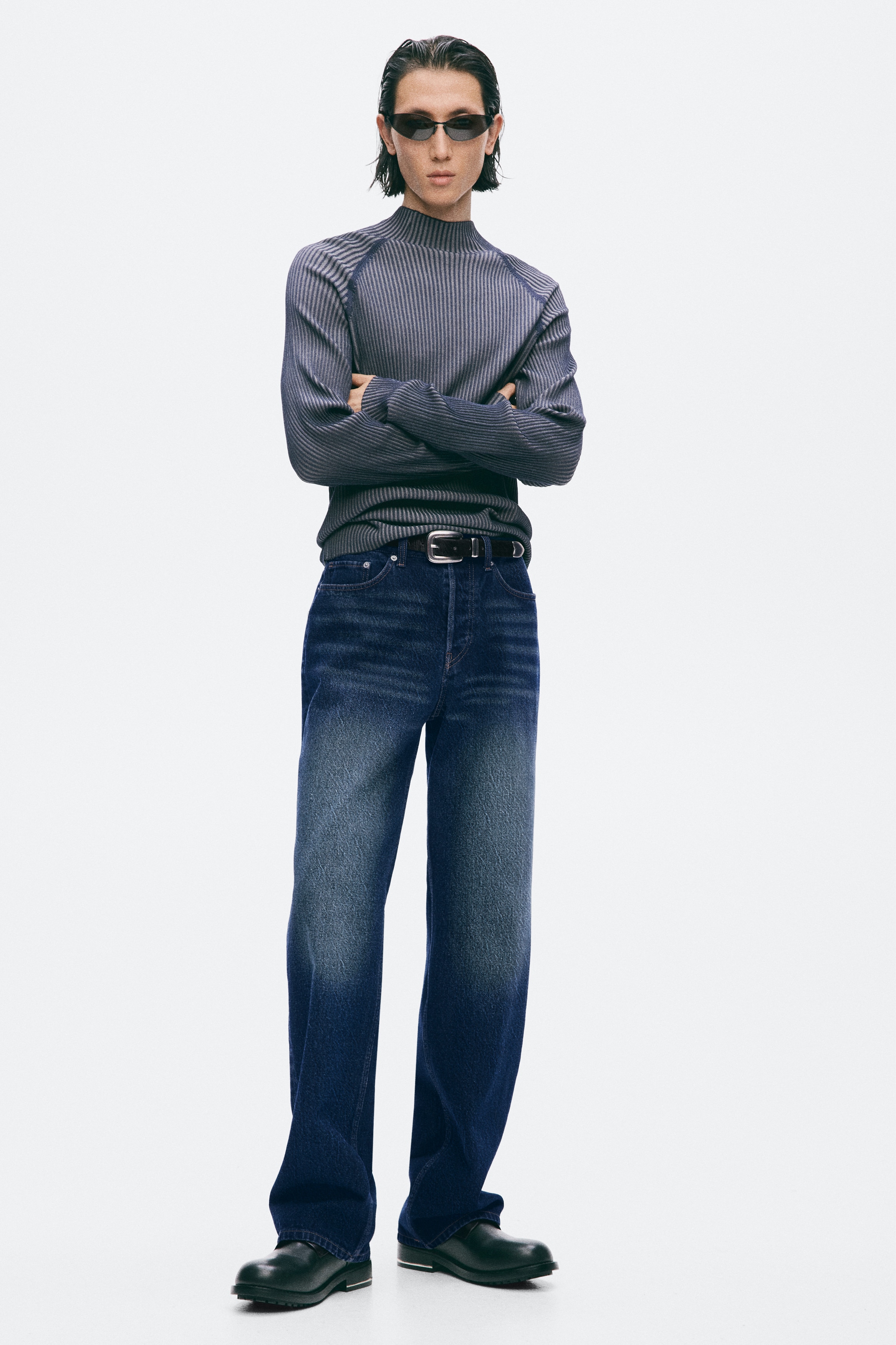 Slim Fit Rib-knit turtleneck jumper - Navy blue/Striped/Red/Black