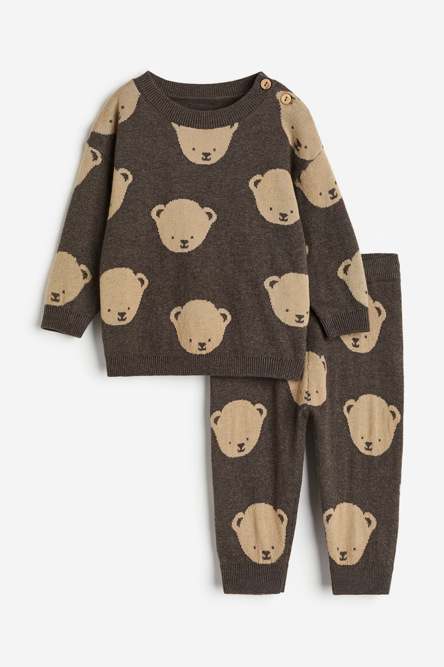 2-piece Jacquard Knit Cotton Set - Brown/Bears - 1