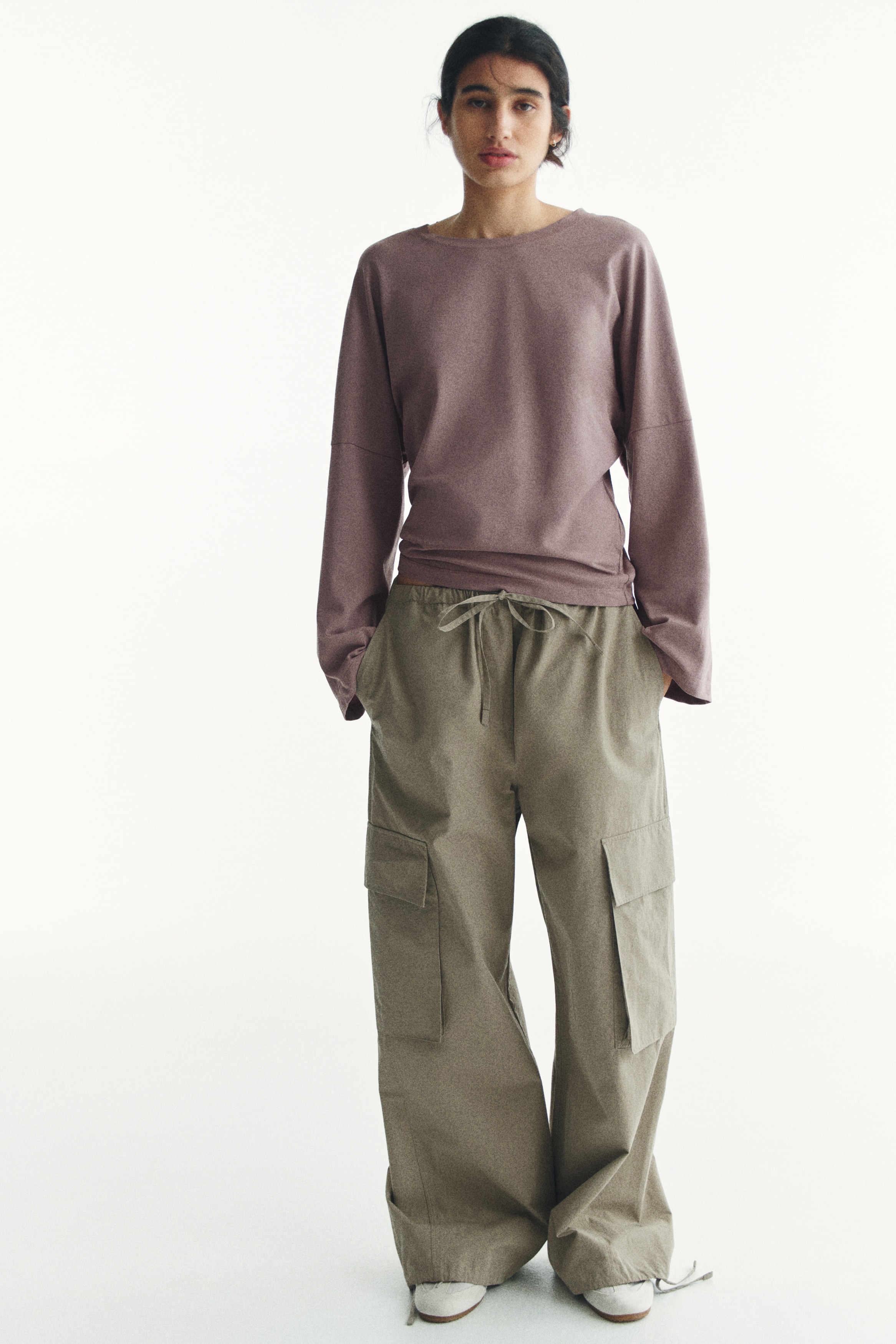 Maglia in cotone a maniche lunghe - Viola polvere/Crema/Nero/Marrone ruggine