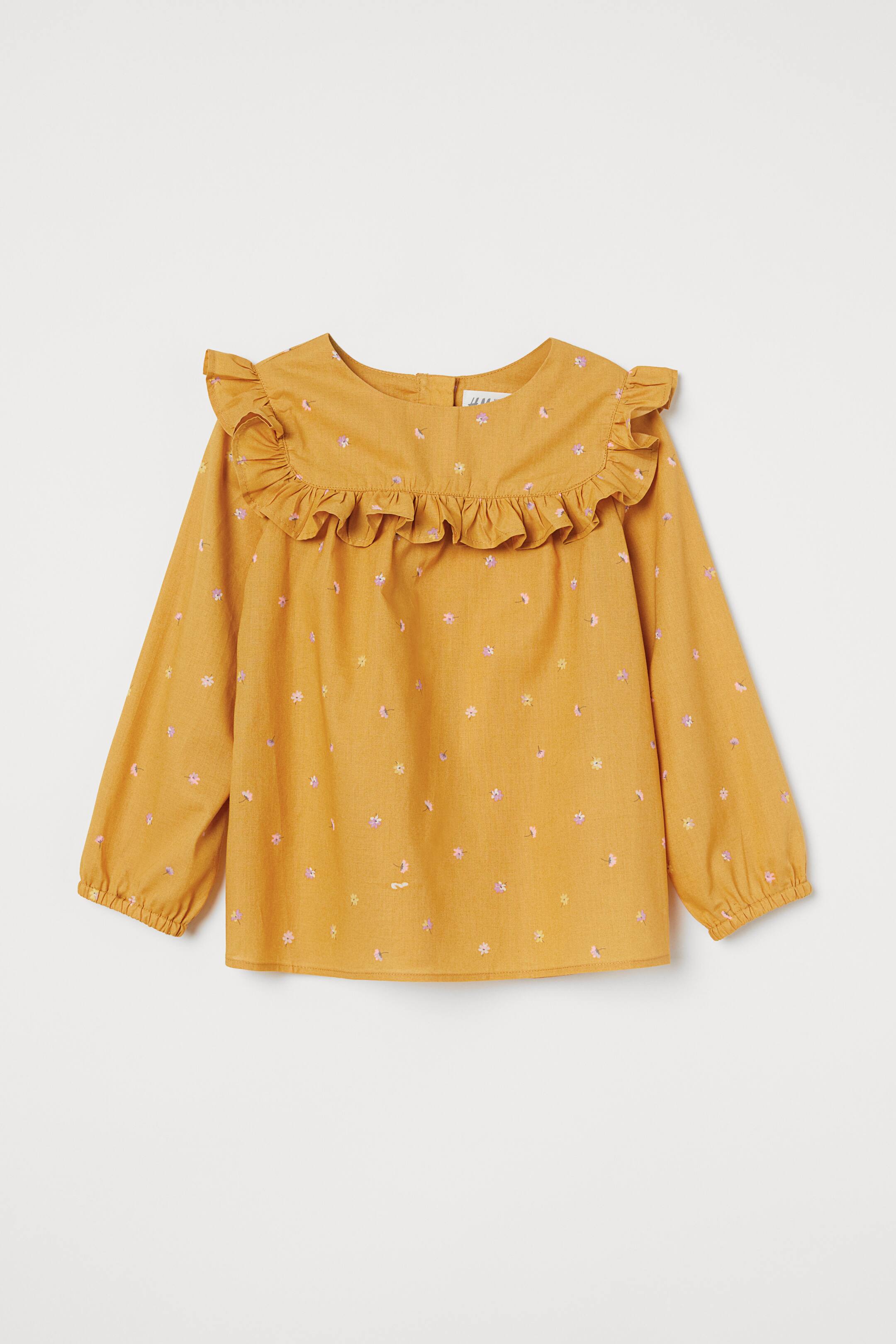 Flounce-trimmed blouse - Round neck - Long sleeve - Yellow/Floral ...