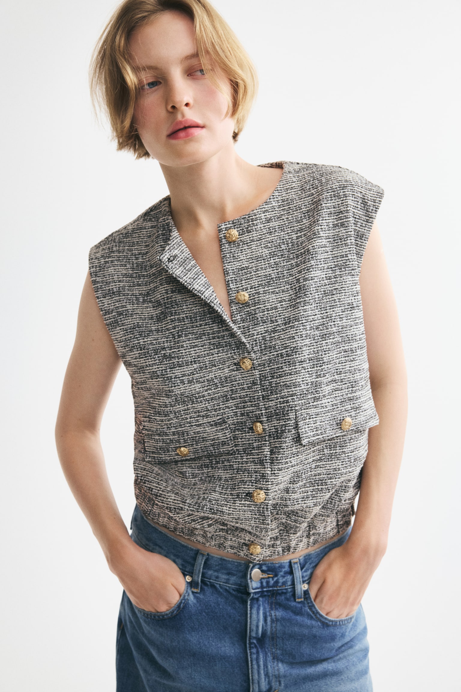 Oversized bouclé-knit waistcoat - Dusty grey marl/Cream - 1