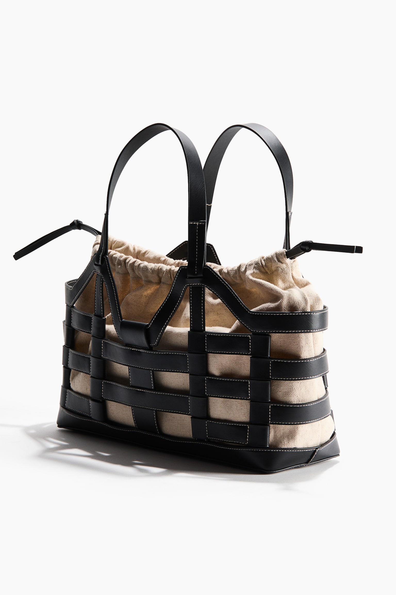 Large drawstring-detail tote bag - Black/Light beige/Brown/Light beige - 2