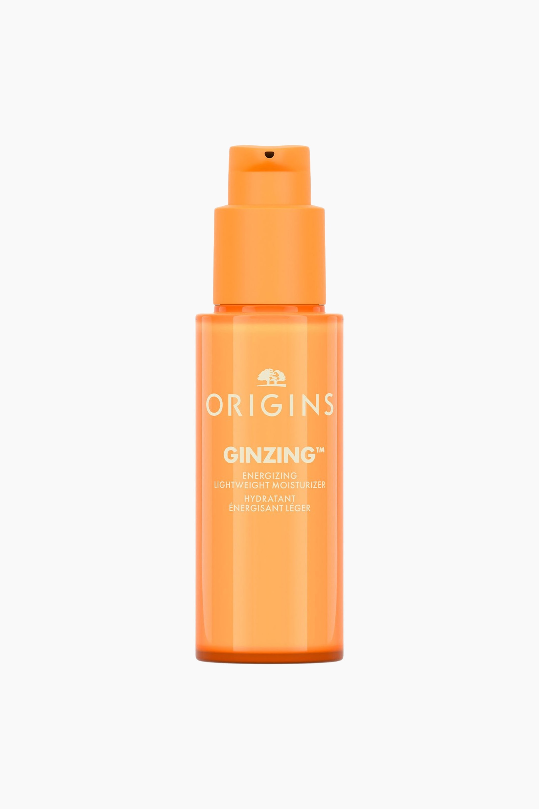 Se større billede: Energizing Lightweight Moisturizer står vendt direkte fremad og har en gennemsigtig orange cylindrisk flaske med en matchende solid orange pumpe. Forsiden af flasken viser brandnavnet "ORIGINS" og produktdetaljerne "GINZING ENERGIZING LIGHTWEIGHT MOISTURIZER" i cremefarvet tekst.