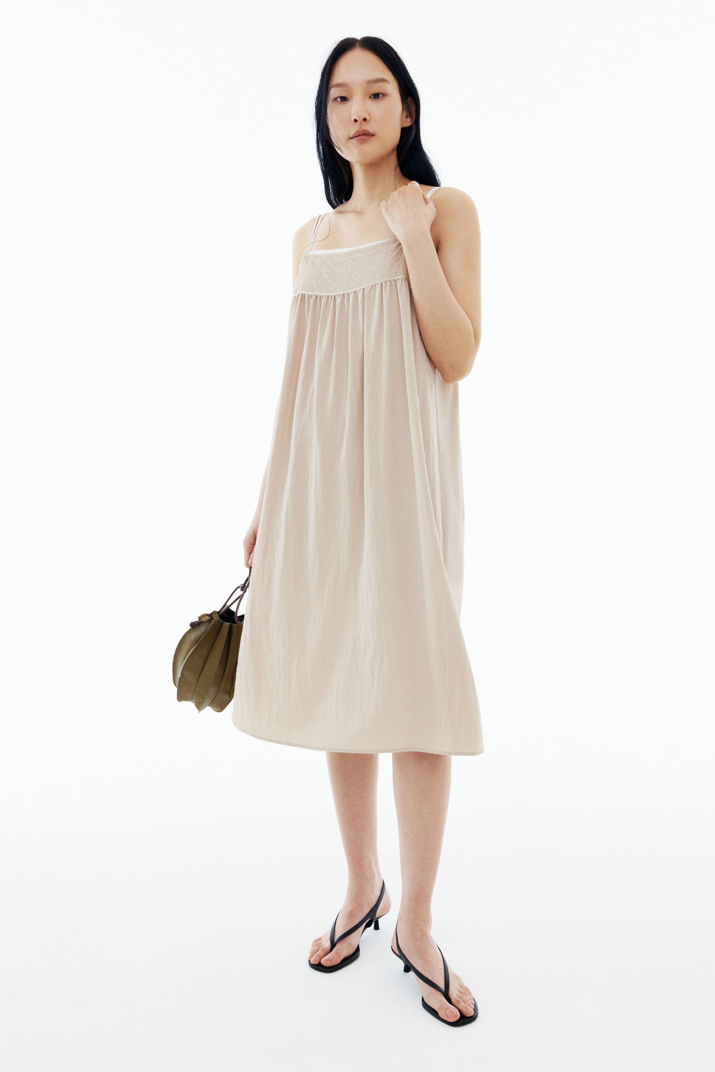 美品SEZANE　EDITIONSリネンドットキャミワンピース　XS　ベージュ系 レース切り替えキャミワンピース - ライトダスティベージュ
