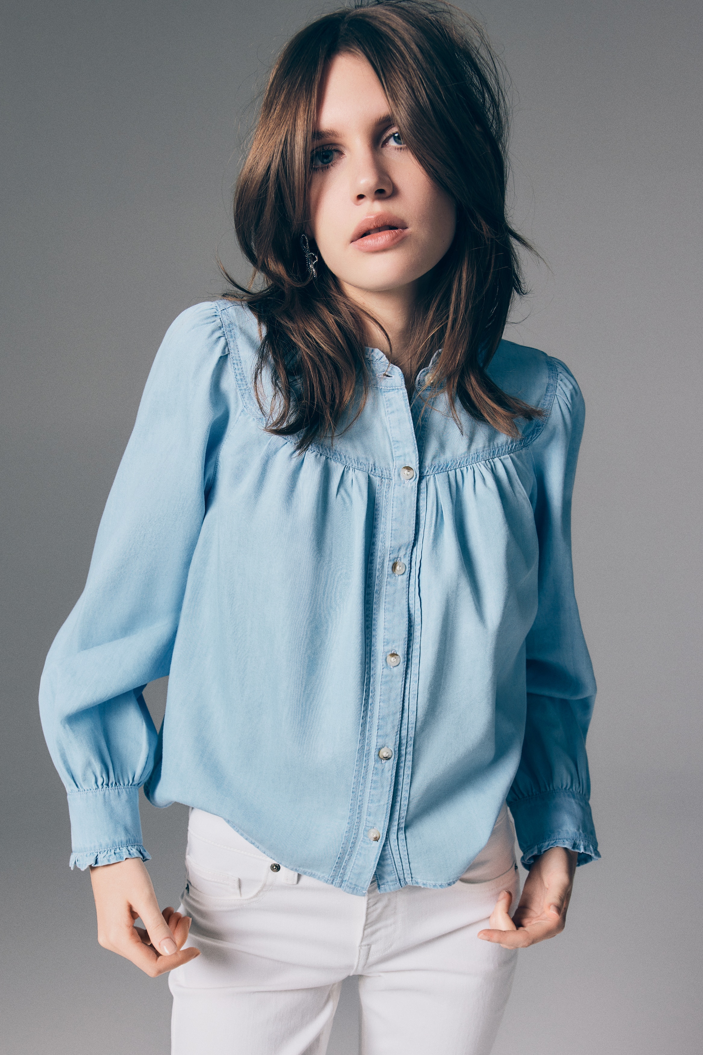 Frill-trimmed denim blouse