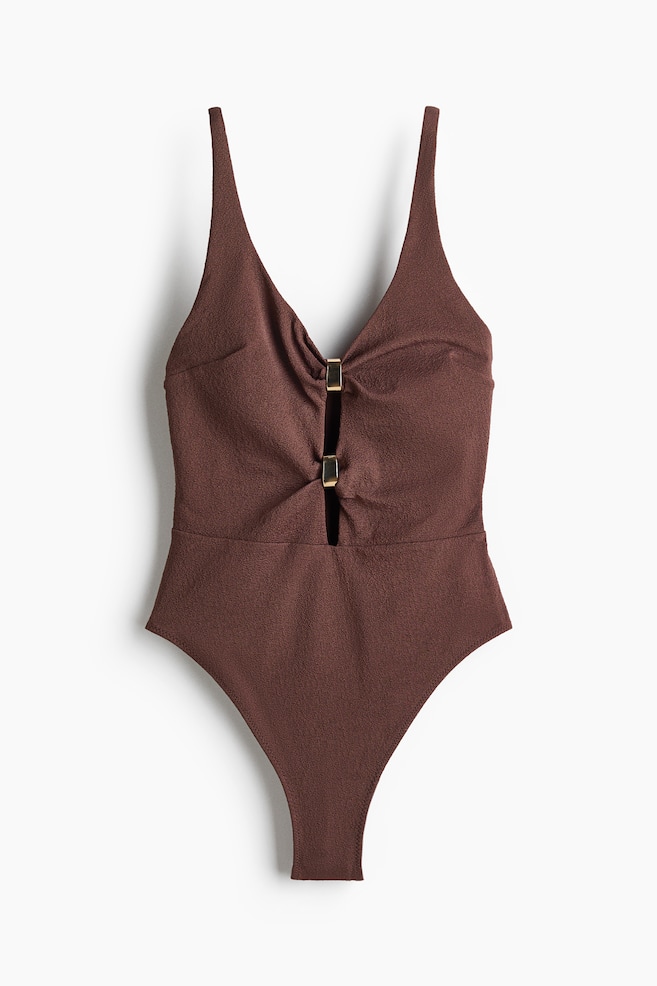 Padded-cup High Leg Swimsuit - Dark brown/Black/White - 1