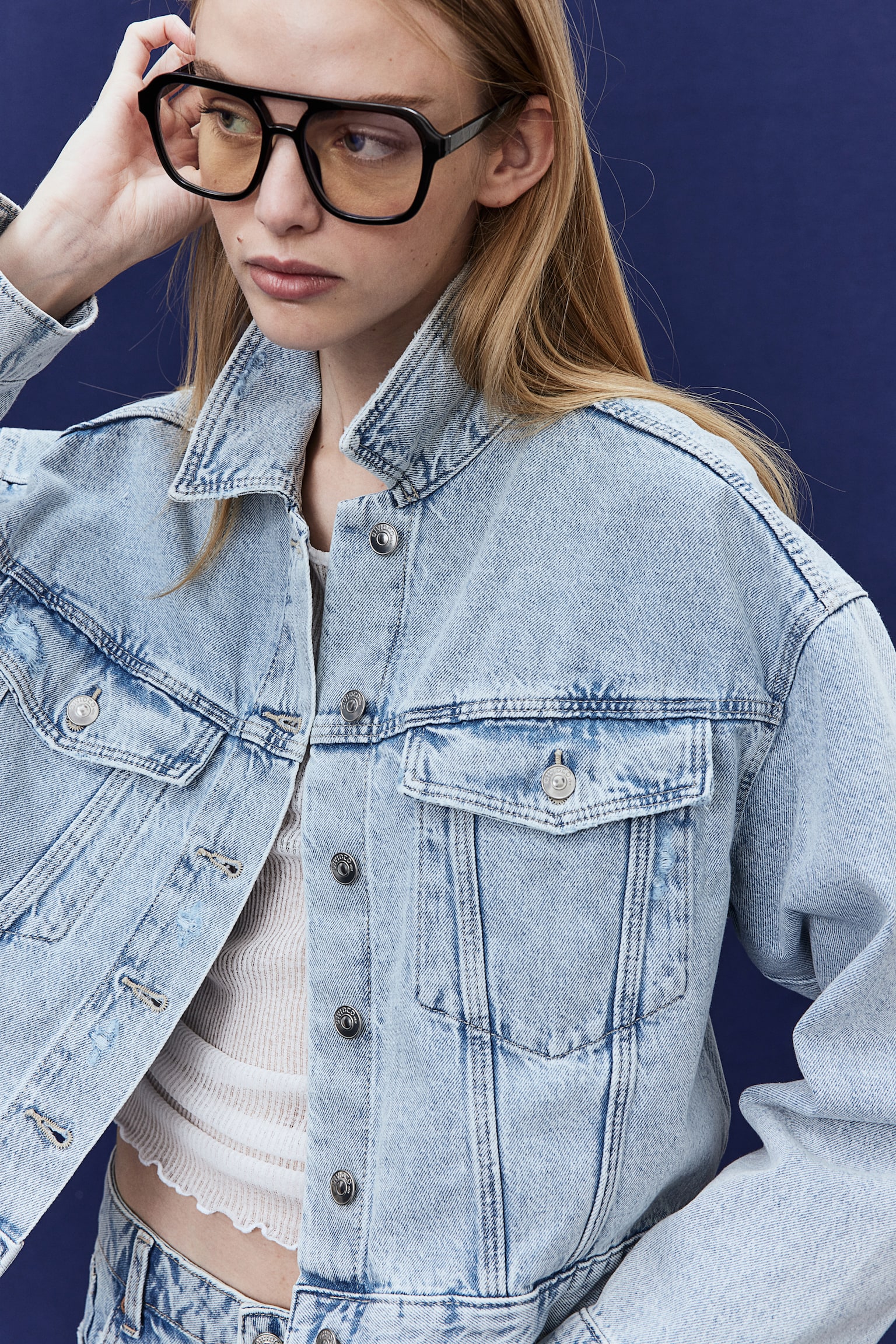 Veste courte en denim - Bleu denim clair/Crème/Noir - 4