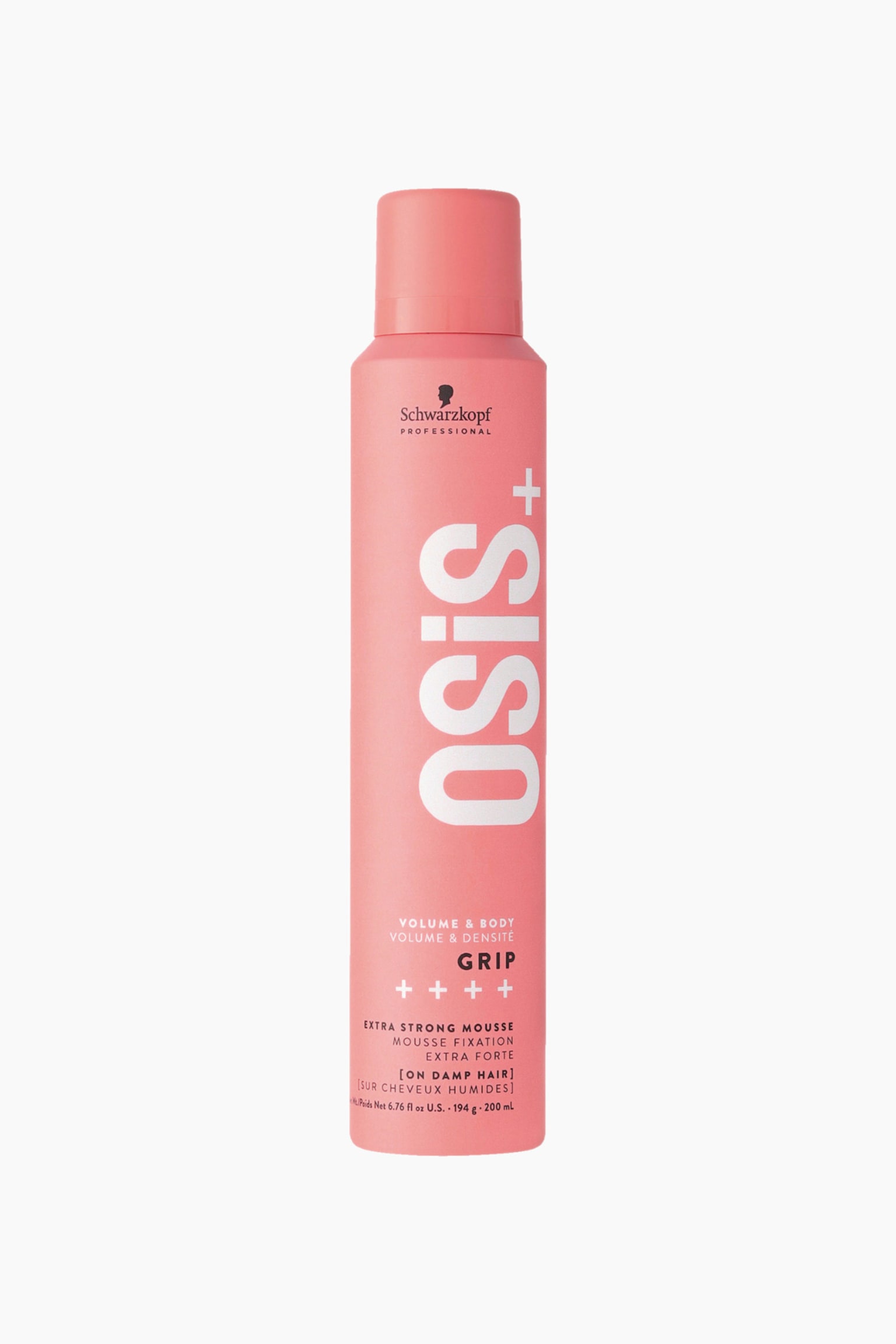 Grip Hair Mousse stÃ¥r oprejst og vender fremad og har en hÃ¸j, cylindrisk mat pink dÃ¥se med en matchende pink hÃ¦tte. Forsiden af beholderen viser Schwarzkopf Professional-logoet Ã¸verst, et stort lodret hvidt âOSiS+â-logo i midten samt sort og hvid tekst, der angiver âGRIPâ og âEXTRA STRONG MOUSSEâ nÃ¦r bunden. - 1