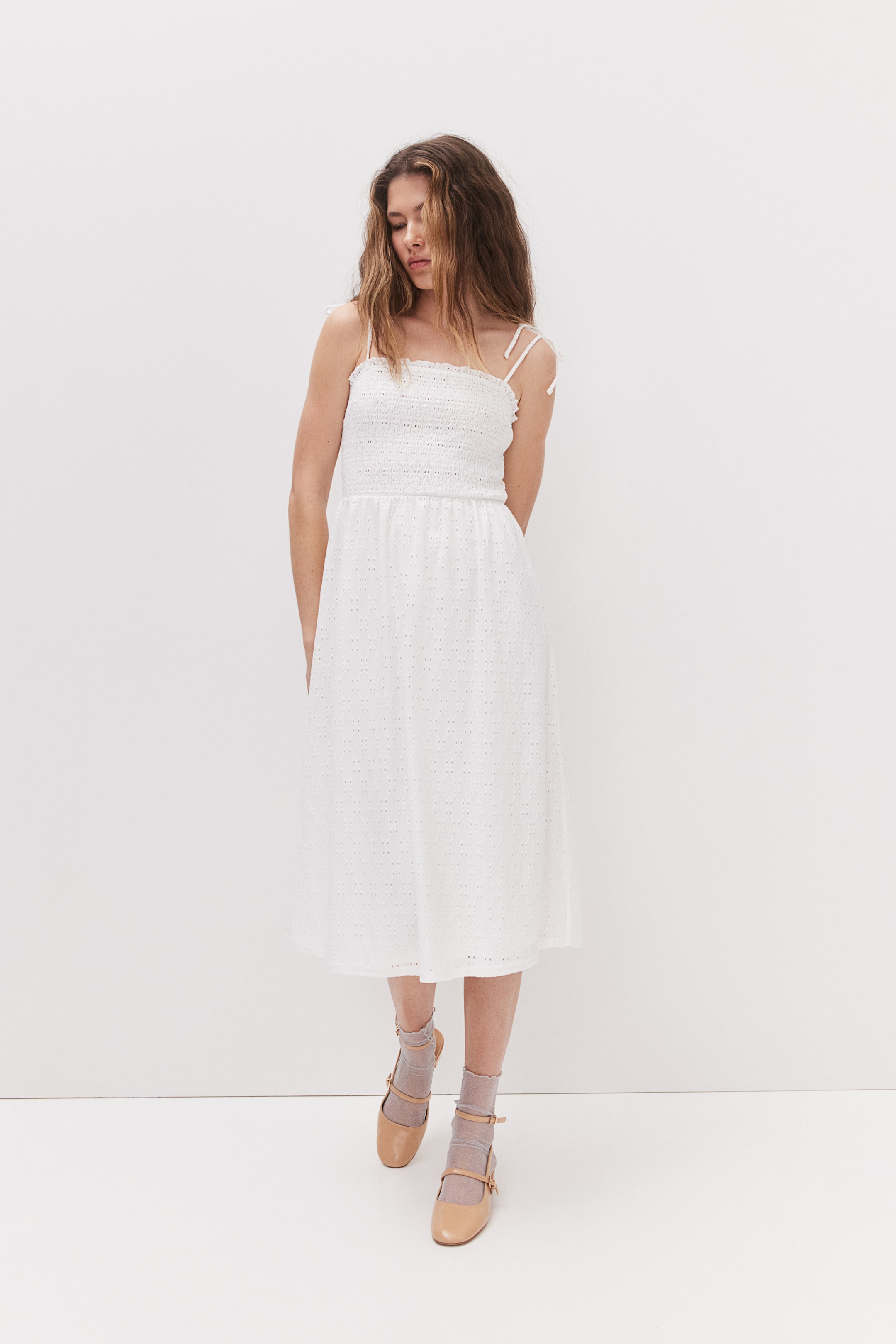 Tie-shoulder-strap Smocked Dress