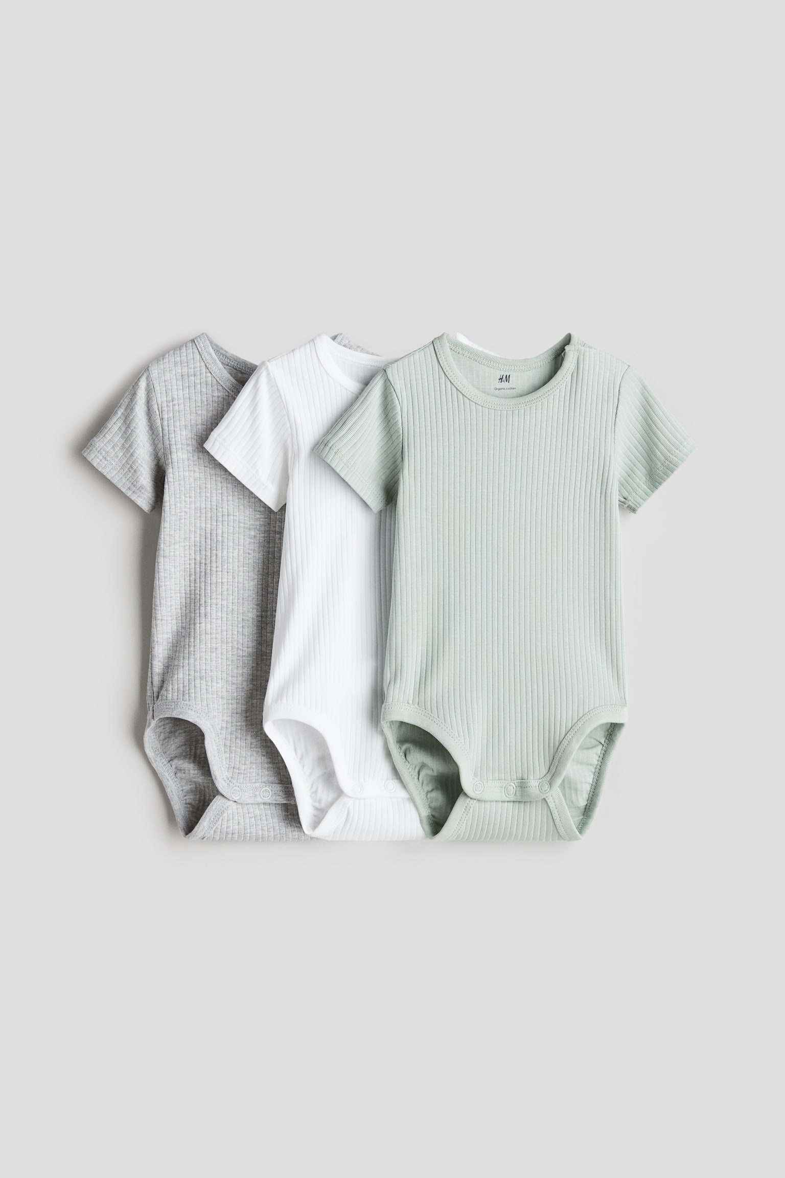 Боди для детей, хлопок, в рубчик, 3 шт. — H&M, цвет: Зелёный / Серый — фото 1