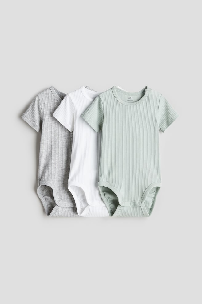 3-pack Ribbed Cotton Bodysuits - Light dusty green/light gray/Light pink/light purple - 1