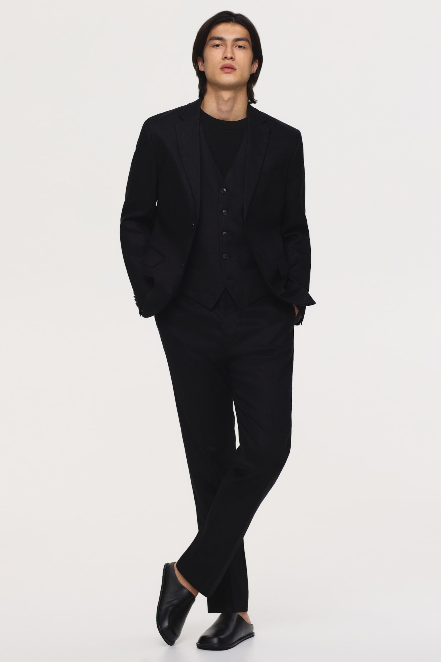 Slim Fit Linen suit waistcoat - Black/Light beige/Navy blue - 6