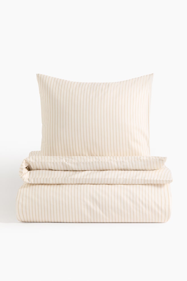 Cotton Sateen Twin Duvet Cover Set - Cream/dusty yellow striped/White/beige striped - 1