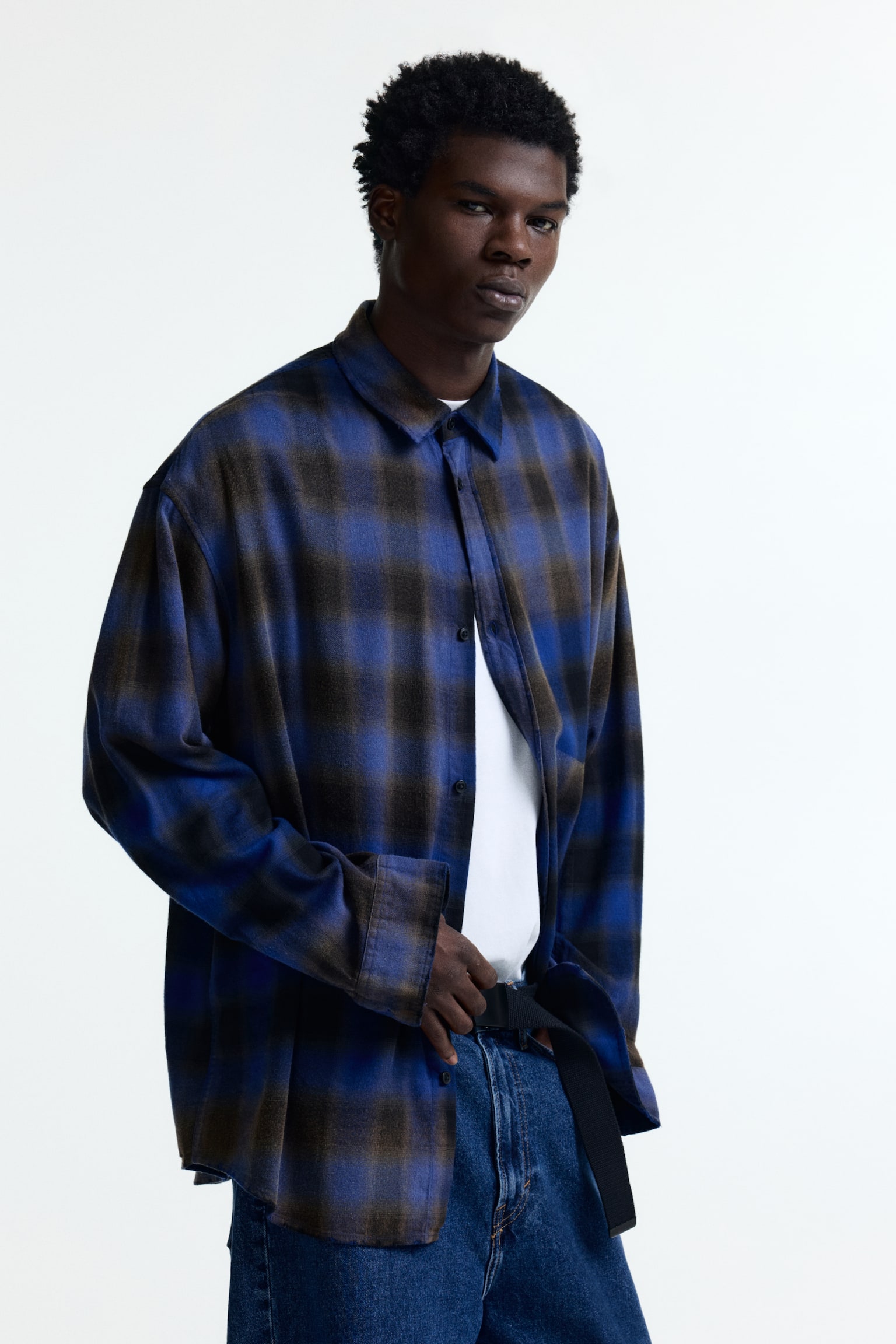 休閒剪裁棉質混紡襯衫 - 藍色/格紋/深咖啡色/格紋 - 4