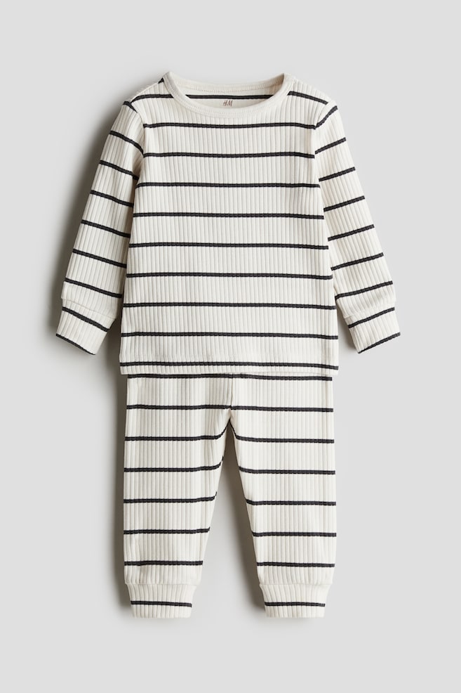 Ribbed Cotton Set - White/dark gray/Light blue/dinosaurs/Light beige/leopard print/Light beige/dark beige striped/Cream/hearts/Light beige/white striped/Light beige/giraffes/Light purple/White/hearts/Light beige/Gray/striped/Pink/Light green/frogs/Light purple - 1