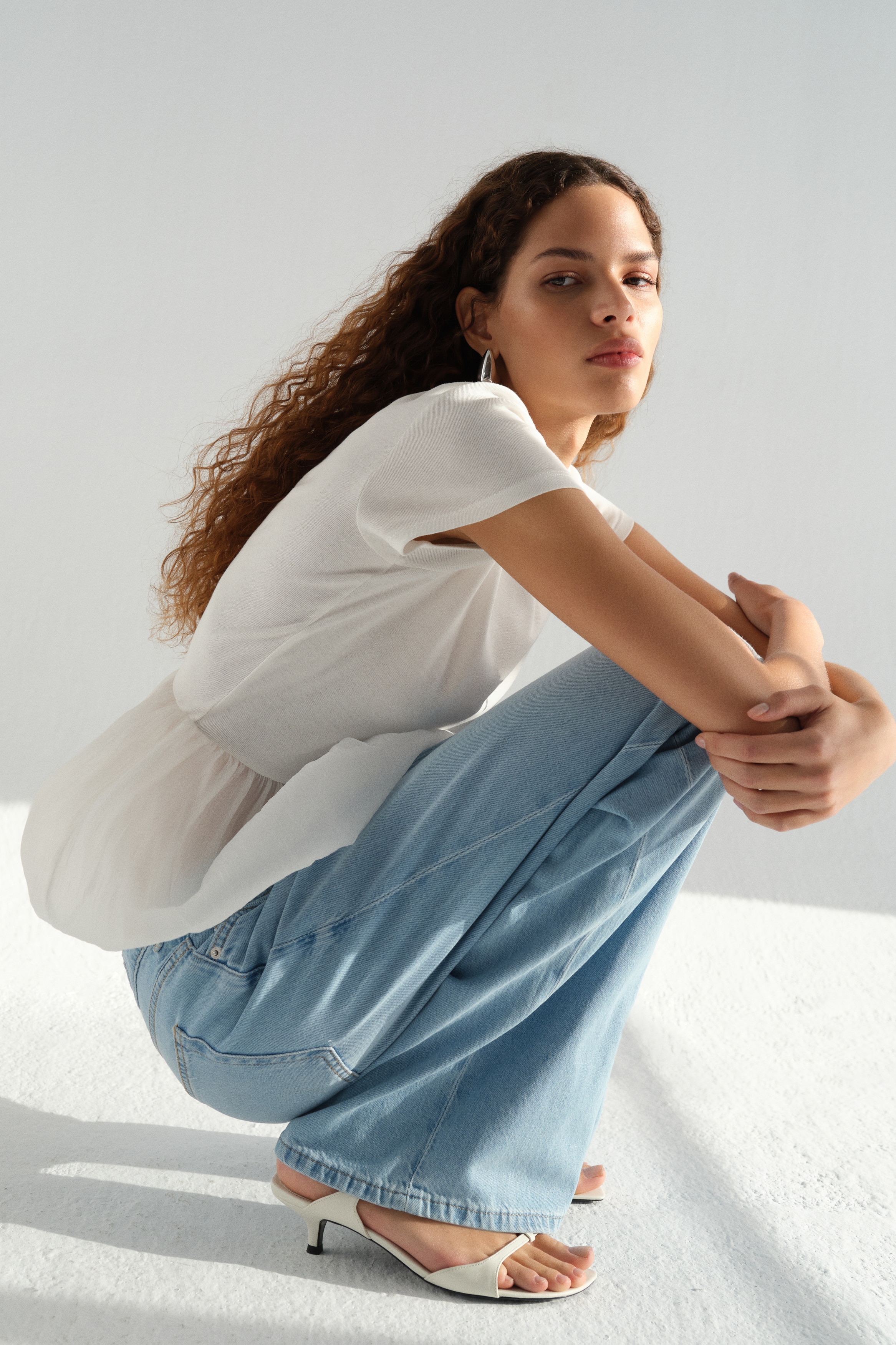 中腰牛仔寬版褲 - 淺丹寧藍/淺灰色/水洗丹寧藍/白色