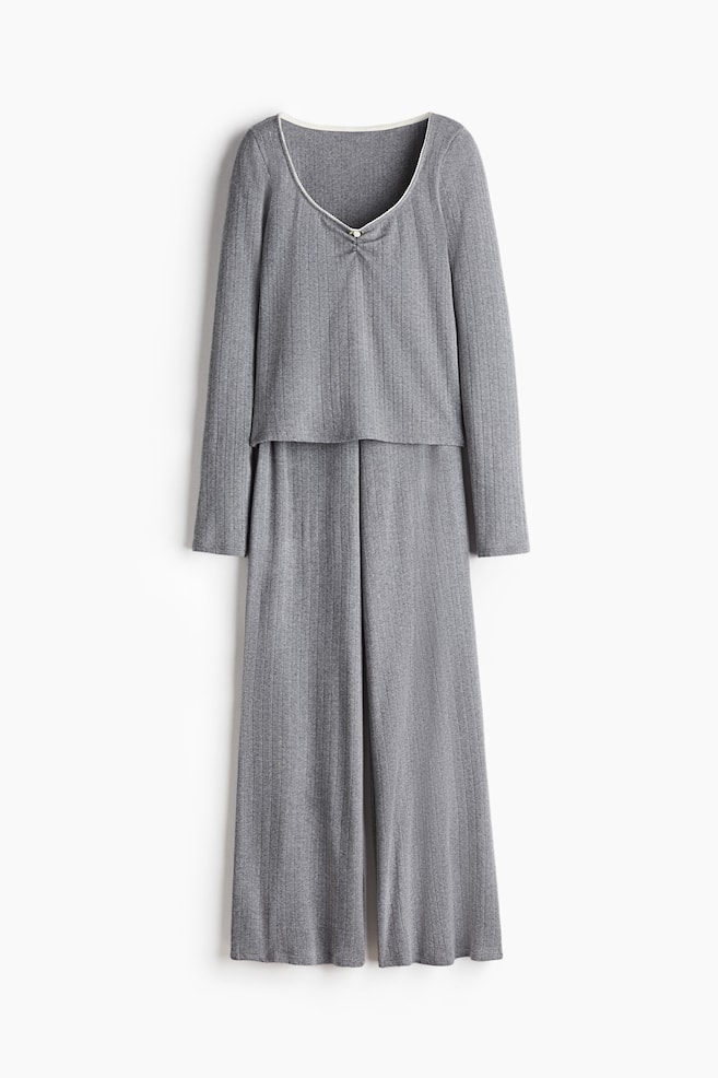Cotton Pointelle Pajamas - Dark gray melange/White - 1