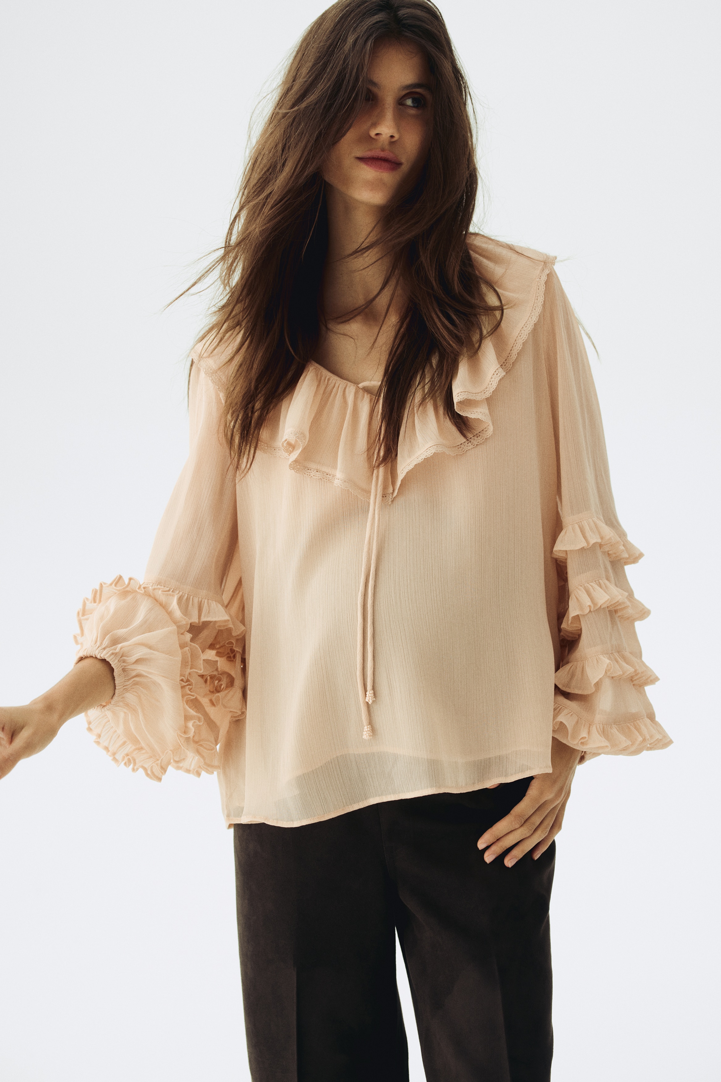 MAMA Ruffle-Trimmed Chiffon Blouse - Beige - Ladies | H&M US