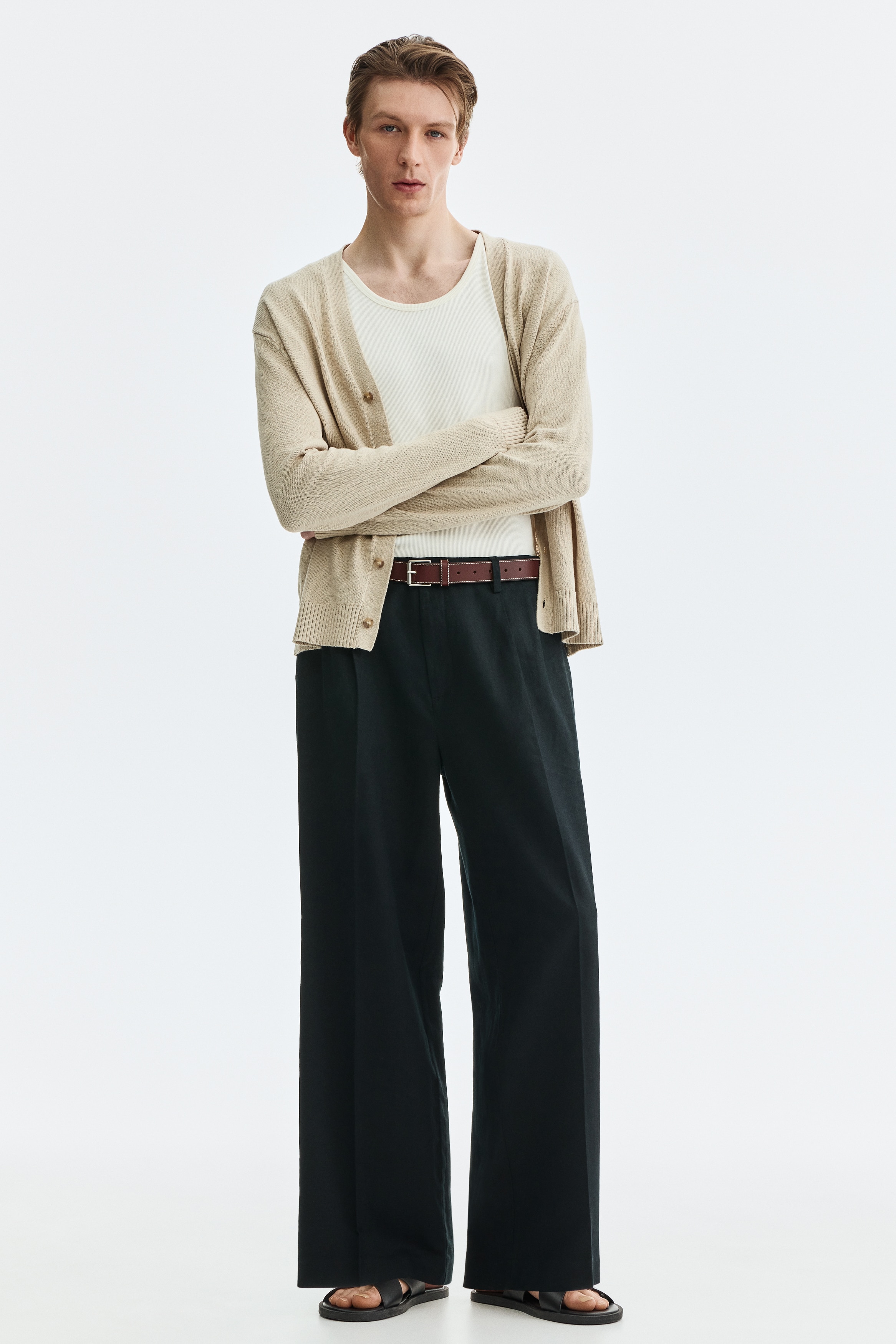 Loose Fit Linen-blend trousers - Nero/Crema/Marrone scuro