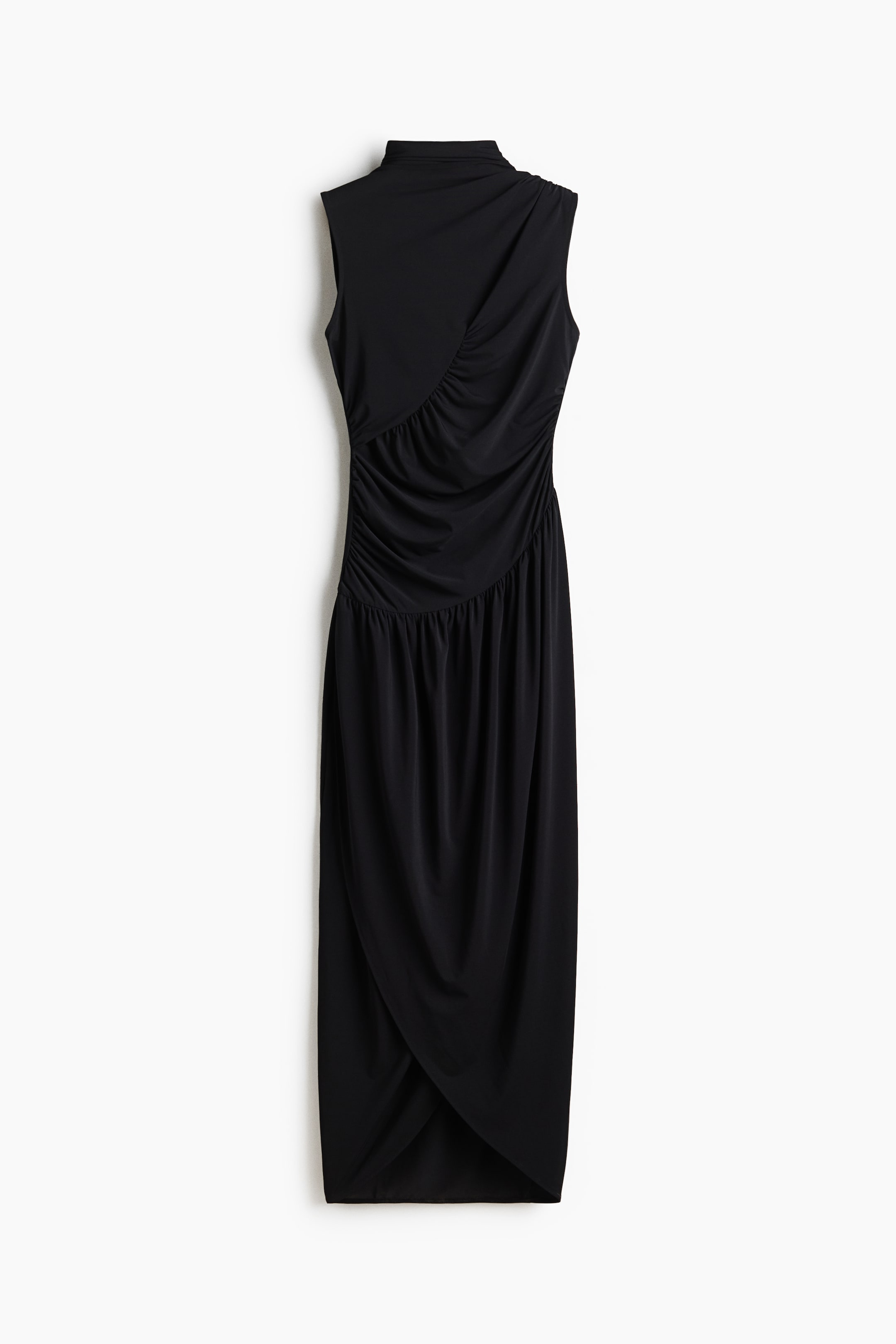 View larger image: The black sleeveless dress features a high neckline. It showcases extensive ruching and draping on the left side of the bodice, extending to the waist, and continuing into a midi-length skirt with a crossover front hem.