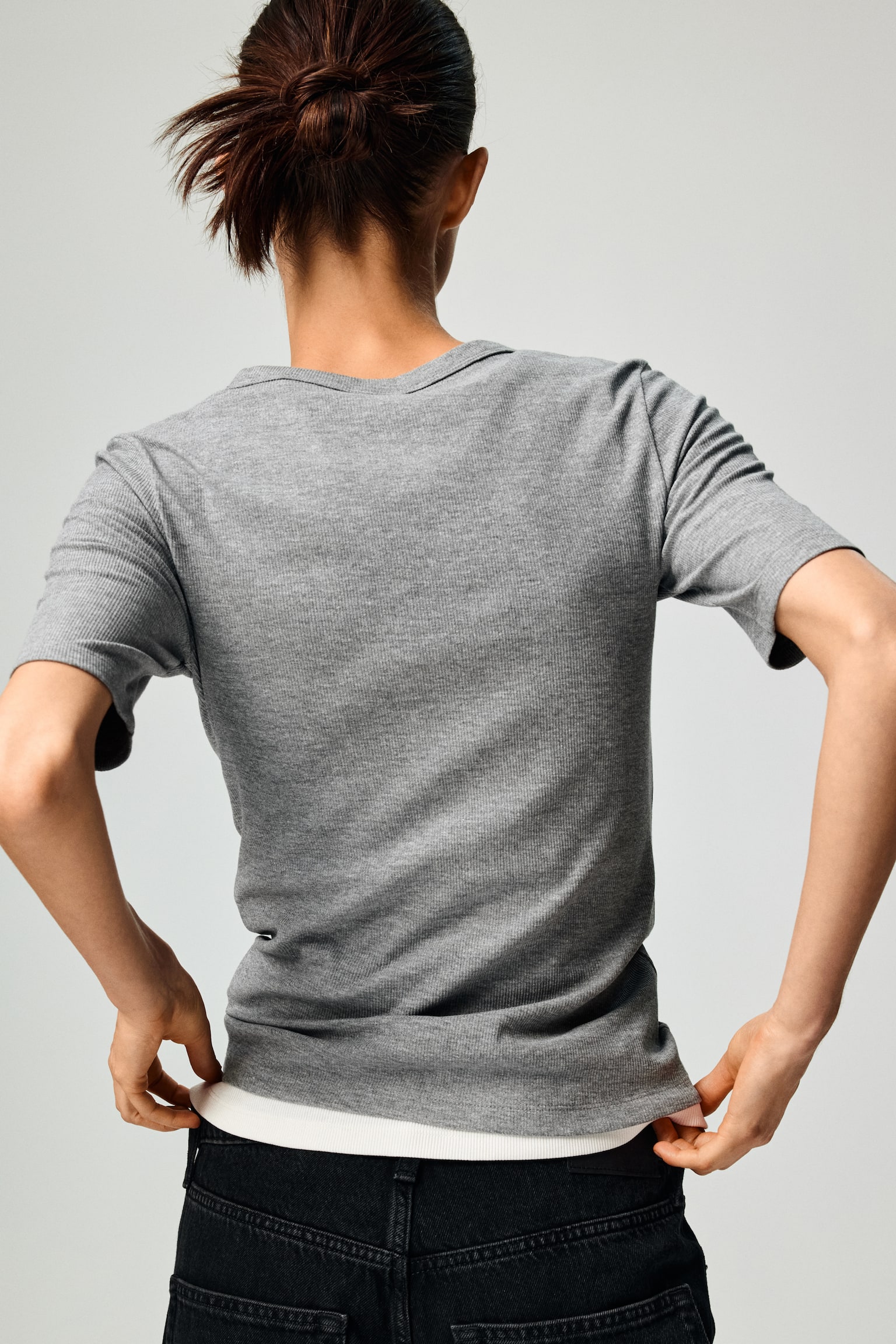 Geribd T-shirt - Grijs gemêleerd/Zwart/Roomwit/Helderrood - 3