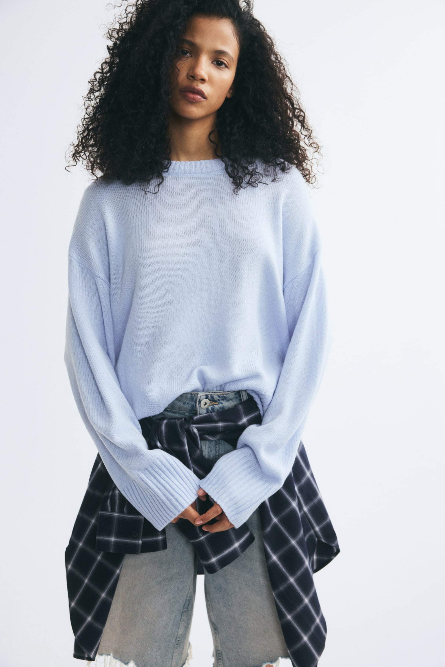 Relaxed-fit jumper - Light blue/Black/Dark khaki green - 1