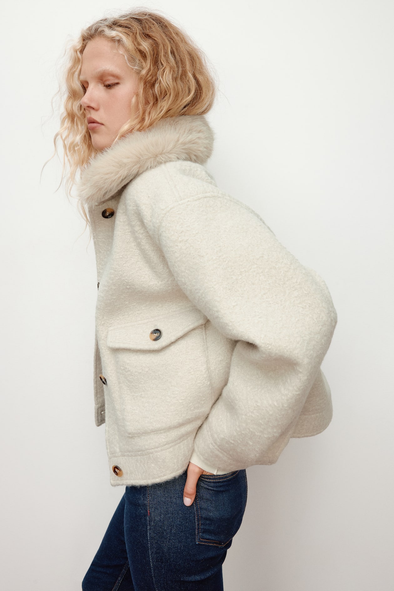 Twill Jacket with Fluffy Collar - image 2