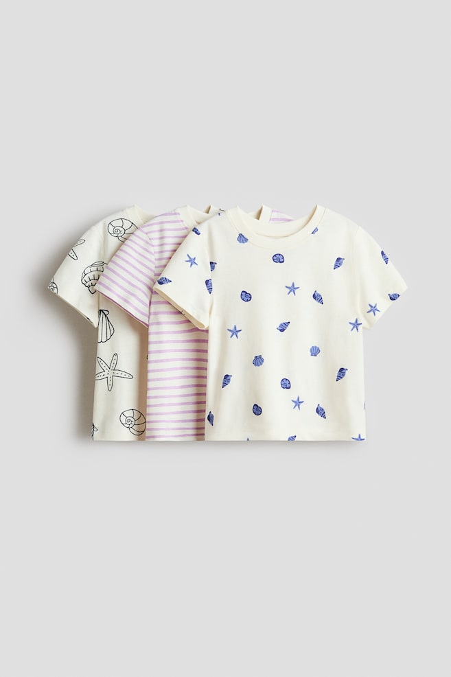 Lot de 3 T-shirts imprimés - Blanc/coquillages/Gris clair chiné/New York/Beige/Mon Amour/Rose clair/licorne/Rose clair/boucles/Beige clair/fleur - 1