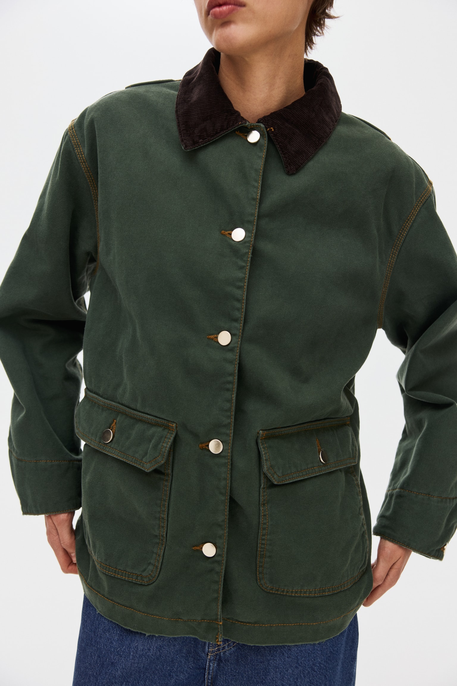 Oversized corduroy-collar jacket - Dark green - 6