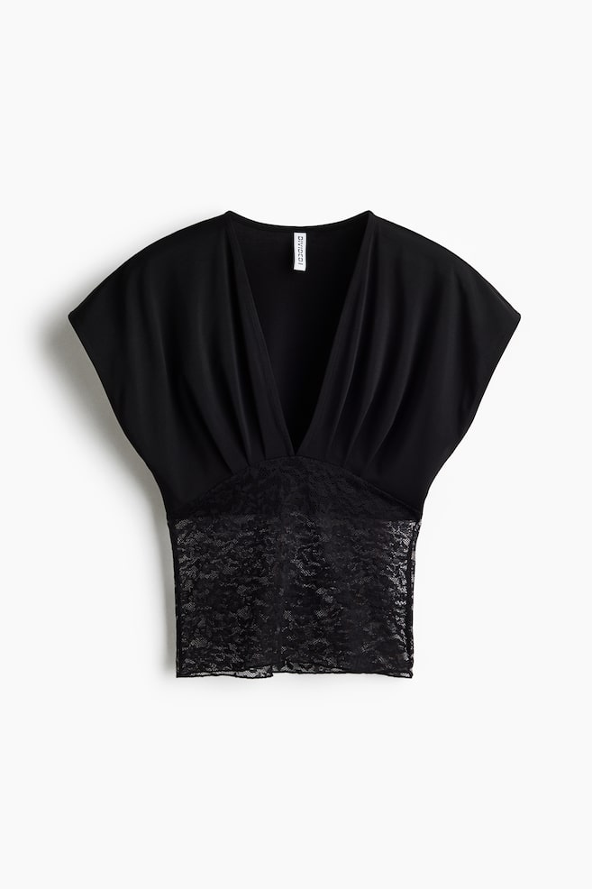 Dual-Fabric Draped Top - Black/Cream - 1