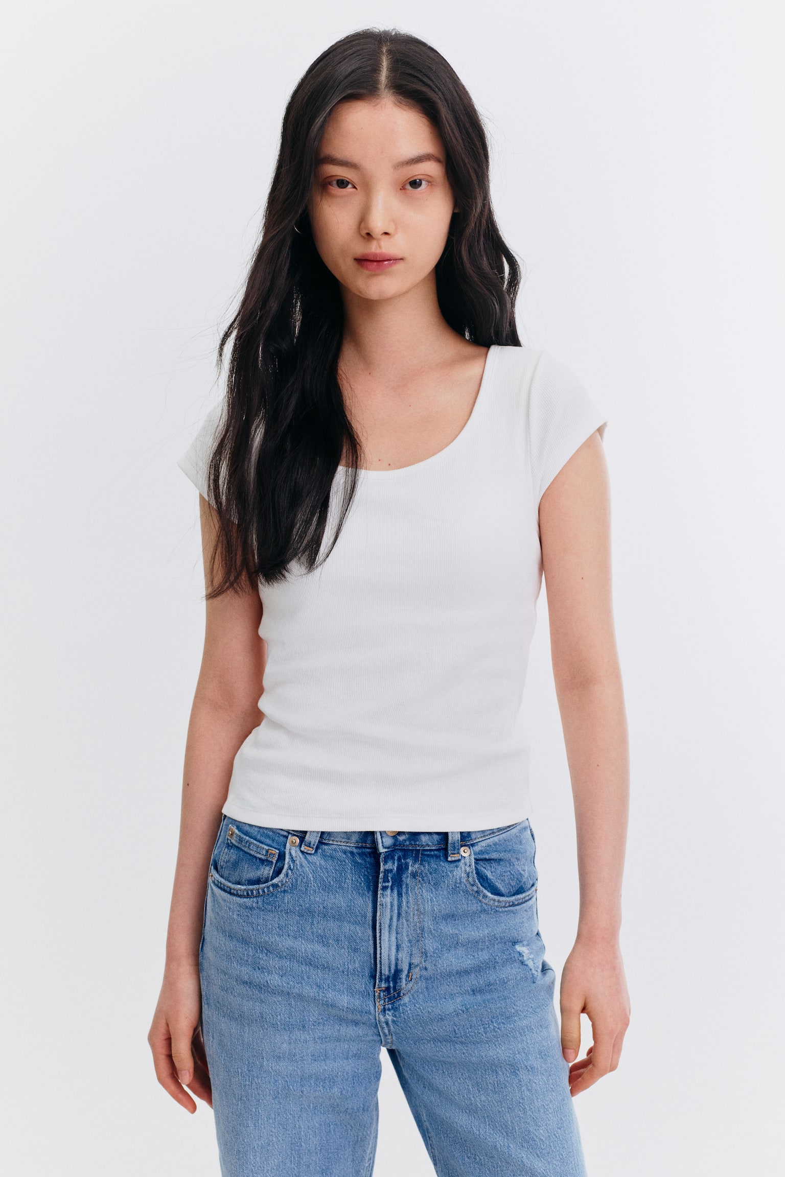 Cotton T-Shirt with Shelf Bra - Black/White - 1