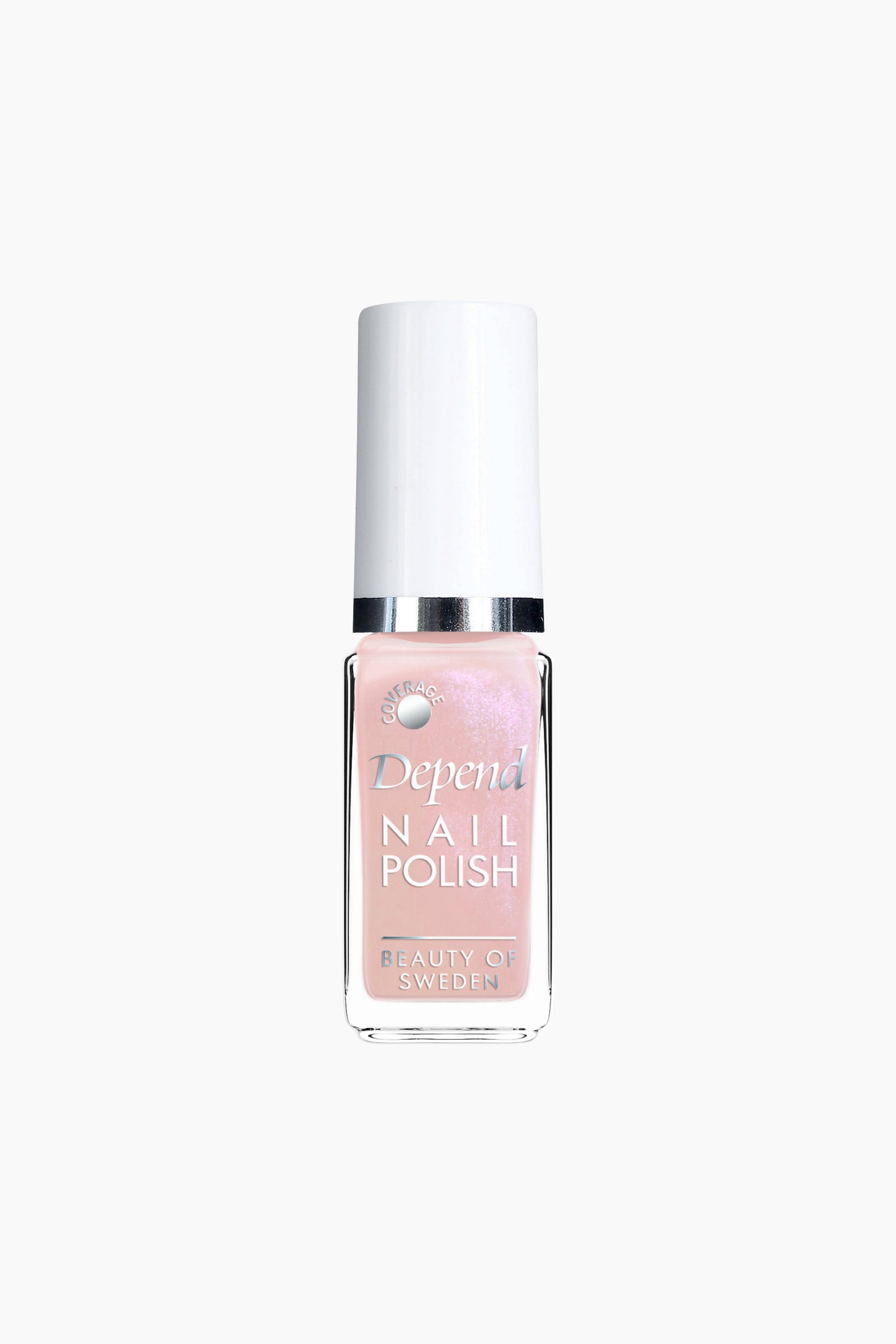 Se større billede: En neglelakflaske vender fremad, med en rektangulær klar glasflaske fyldt med perlemorslys rosa lak. En hvid cylindrisk hætte topper flasken, adskilt af et sølvbånd, og "Depend NAIL POLISH" er synlig i sølvbogstaver på forsiden.
