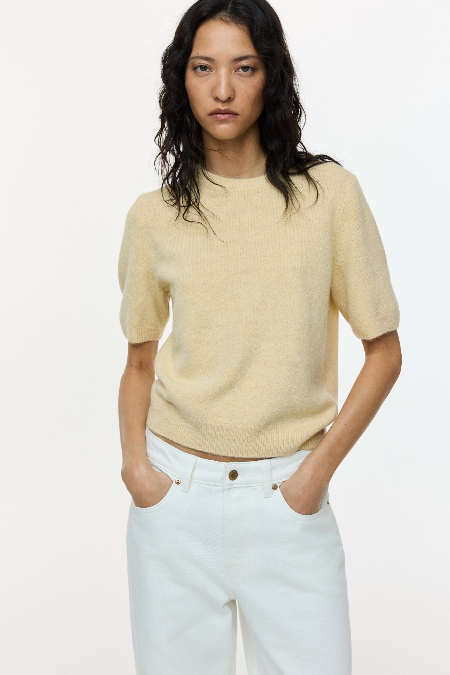 Fine-knit T-shirt - Light yellow/Beige marl/Dark grey marl - 1