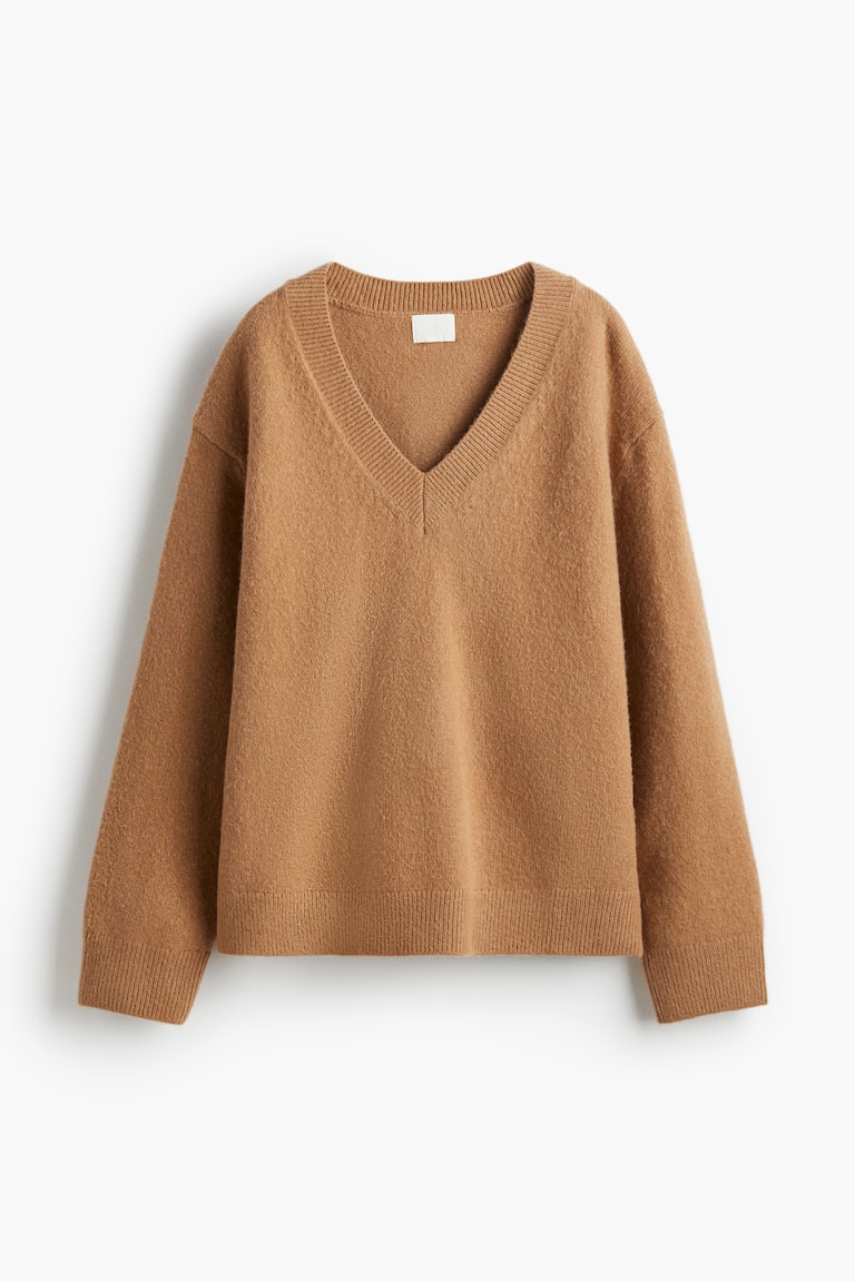 Oversized V-Neck Sweater - Dark beige - Ladies | H&M US