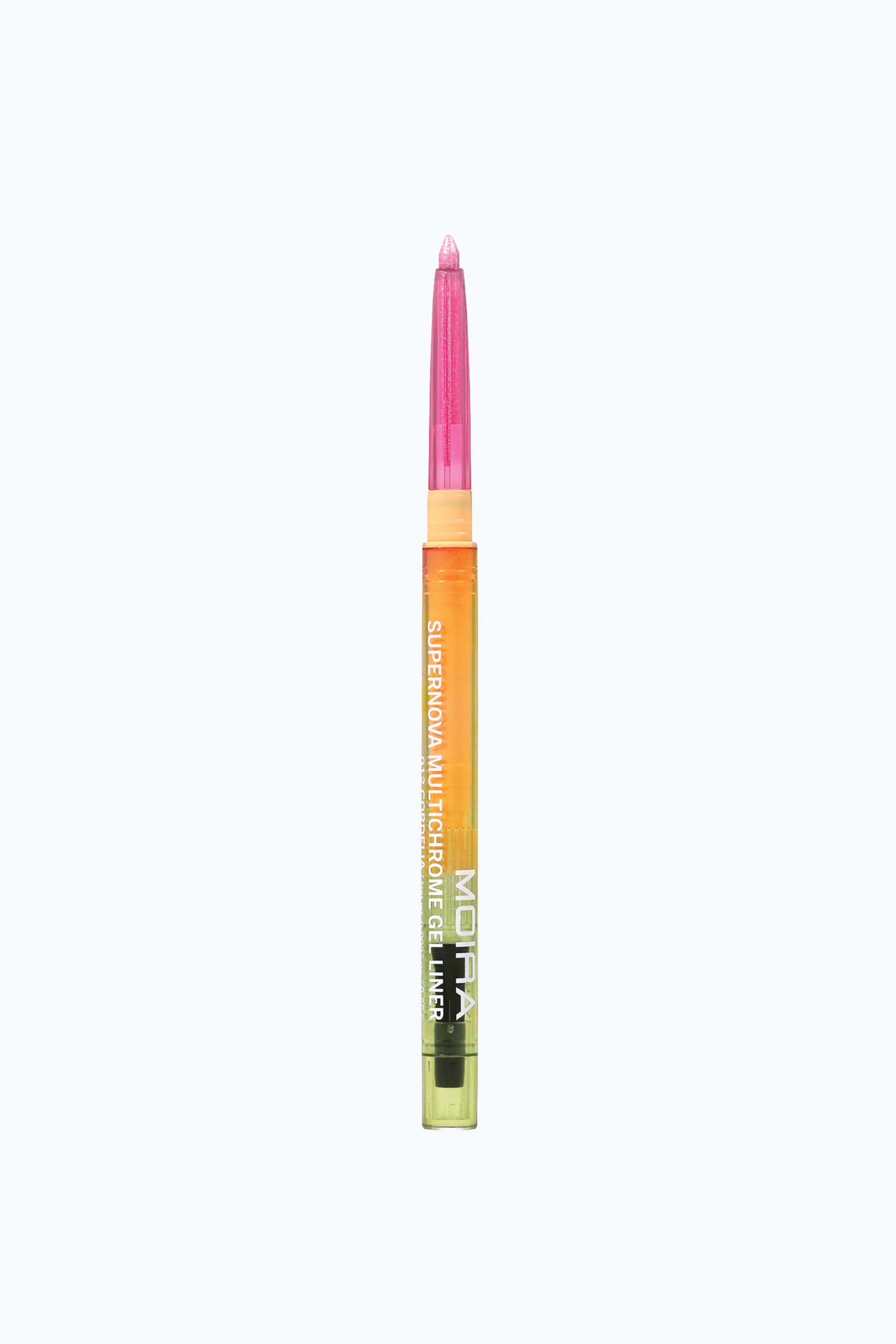 Se større billede: Supernova Multichrome Gel Liner står lodret og fremviser en gennemsigtig plastkrop med en farvegradient, der går fra orange til lysegrøn. Kropen har lodret hvid tekst, og en metallisk, glitrende lyserød eyeliner-spids stikker frem fra en gennemsigtig lyserød krave øverst.