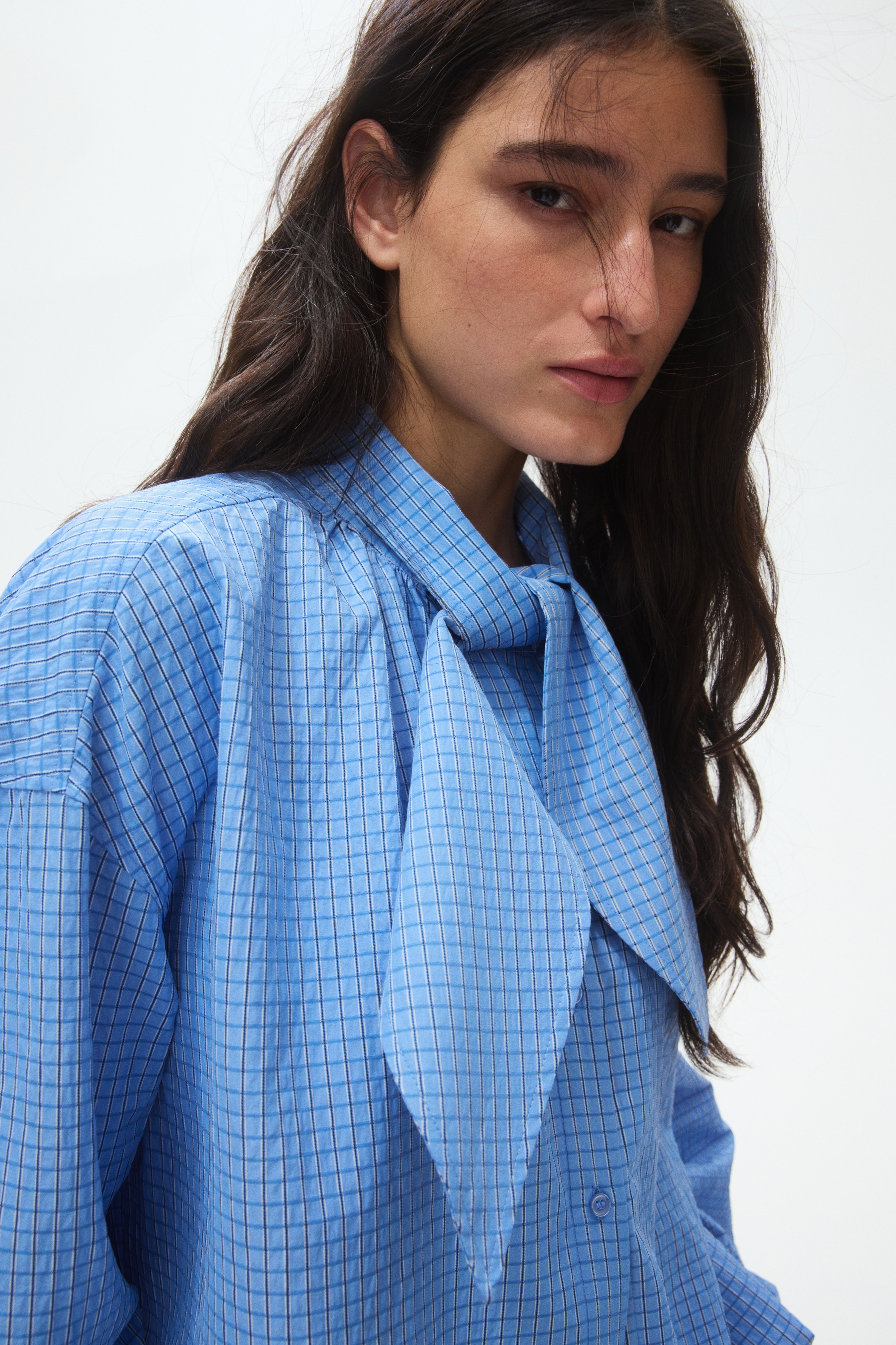Bow Collar Shirt-Blue/Check
