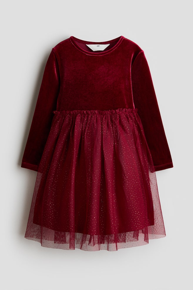 Tulle-skirt velour dress - Dark red/Plum/Old rose - 1
