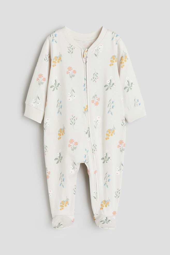 Pyjama avec pieds - Beige clair/fleuri/Vert clair/rayé/Blanc/girafes/Blanc/montgolfières - 1