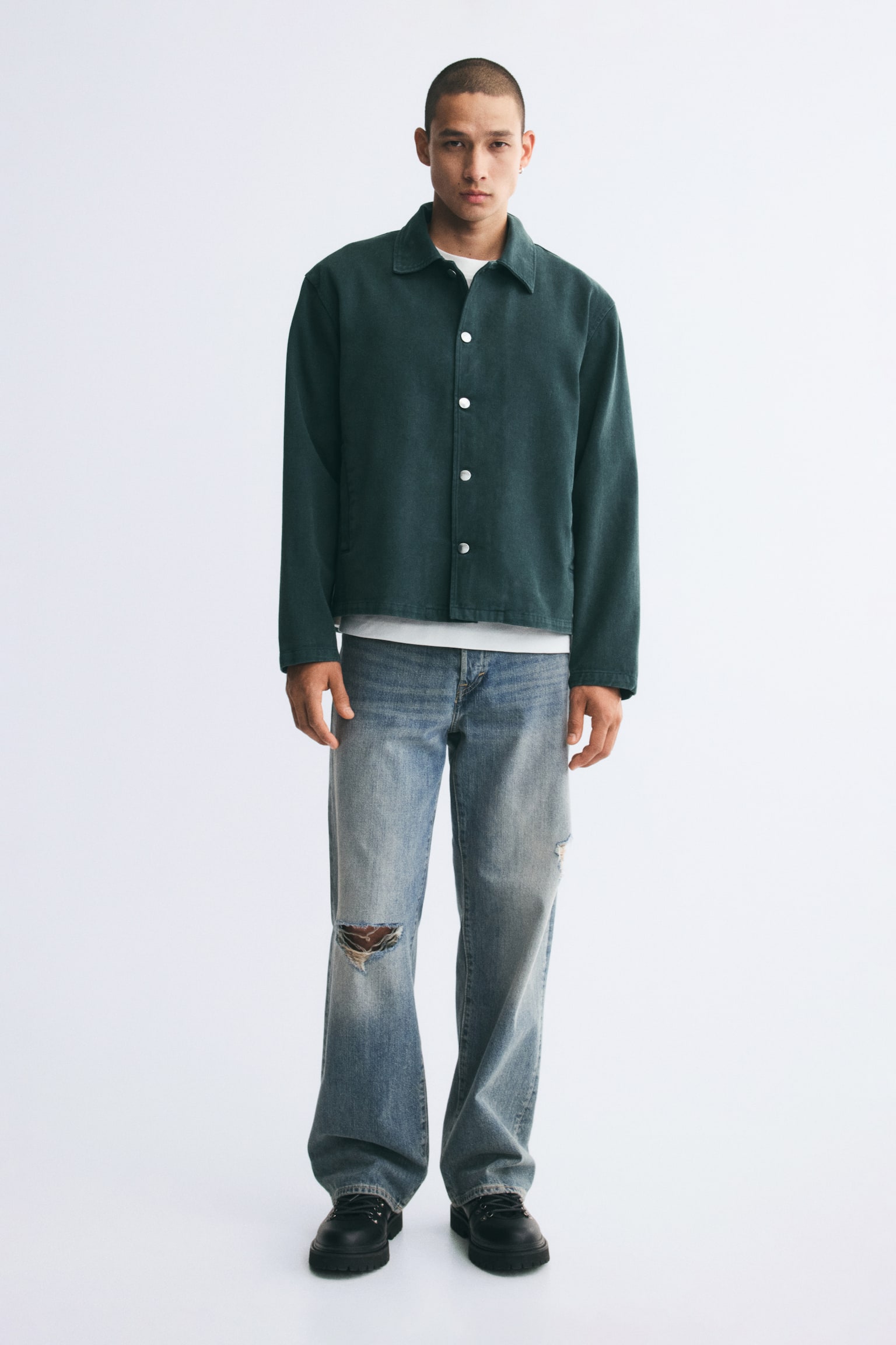 Мужская рубашка H&M Twill Overshirt, цвет: Тёмный зелёный — фото 4
