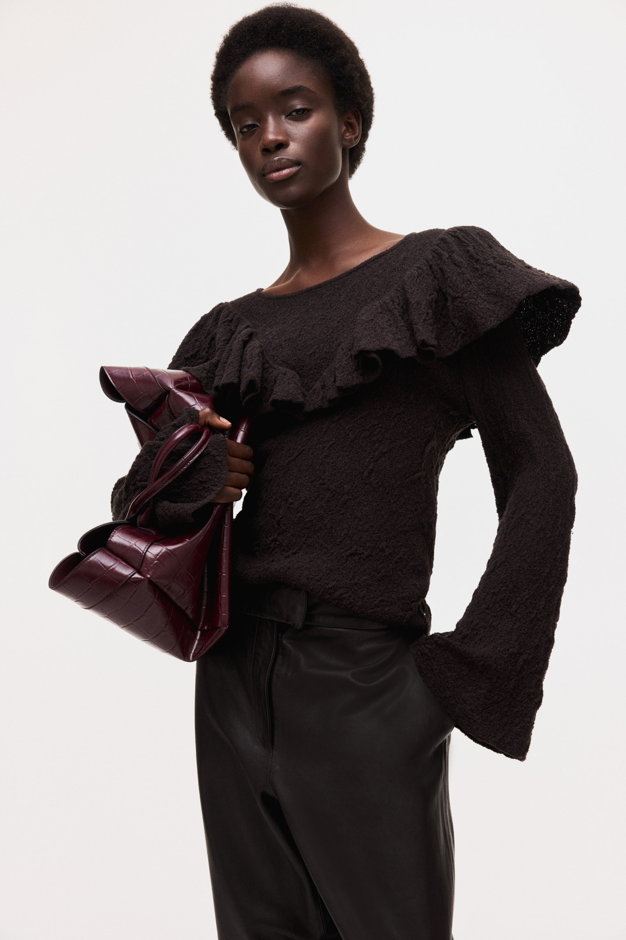 View larger image: Textured-knit frill-trimmed top - Dark brown - Ladies | H&M 1