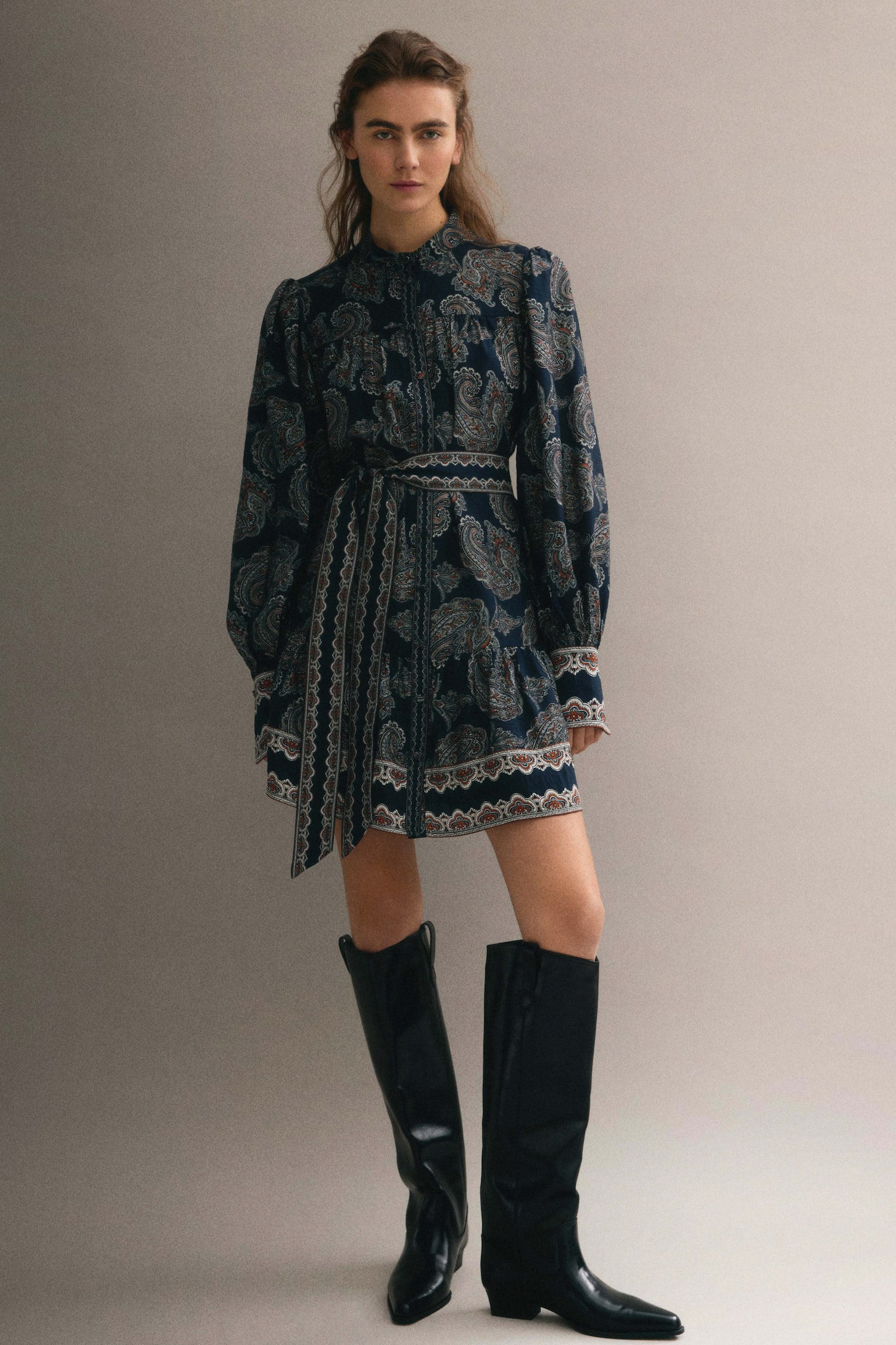 Tie-belt tunic dress - Dark blue/Paisley pattern/Black/Floral - 1