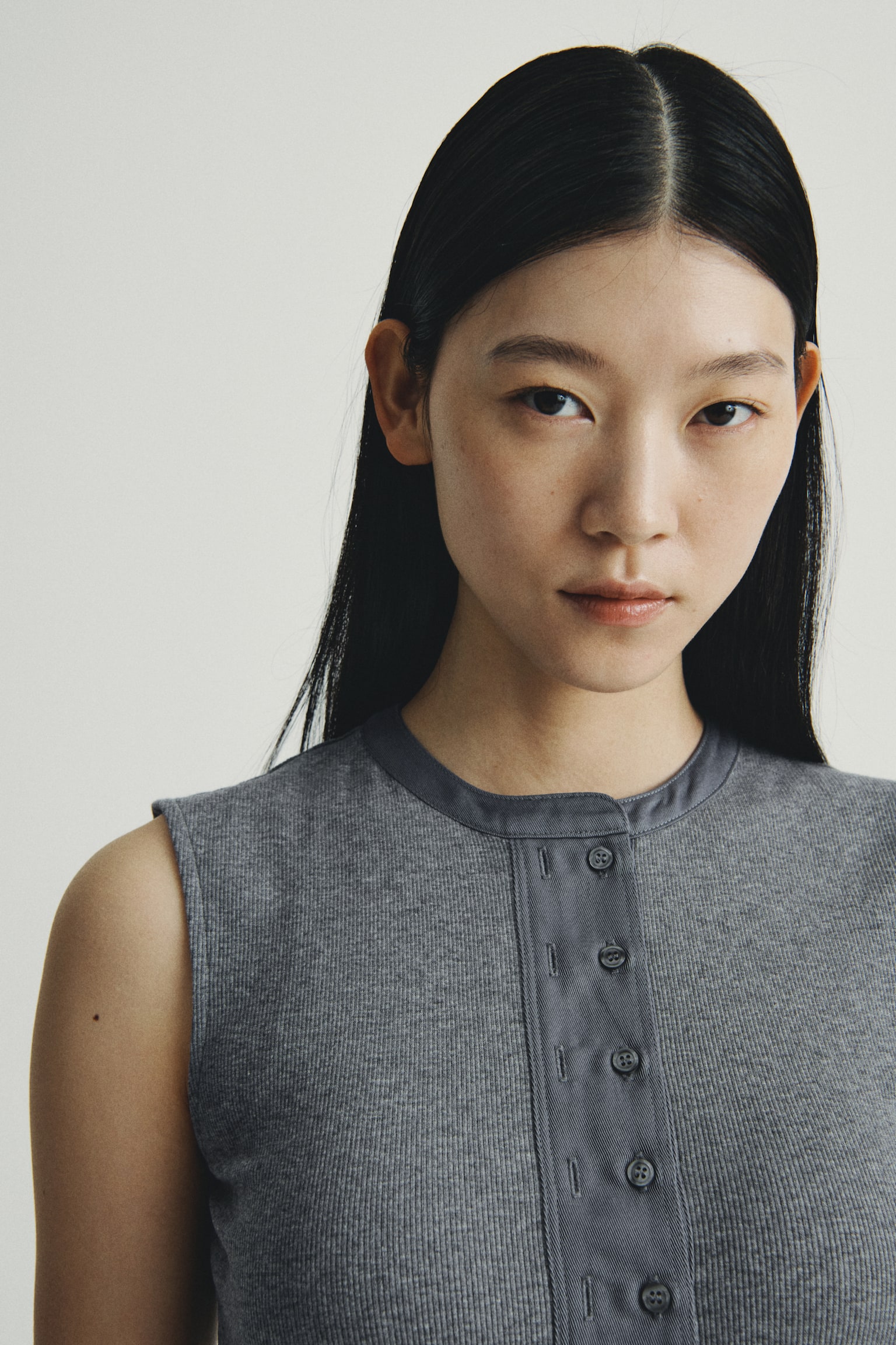 Ribbed vest top - Grey marl/Light khaki green - 2