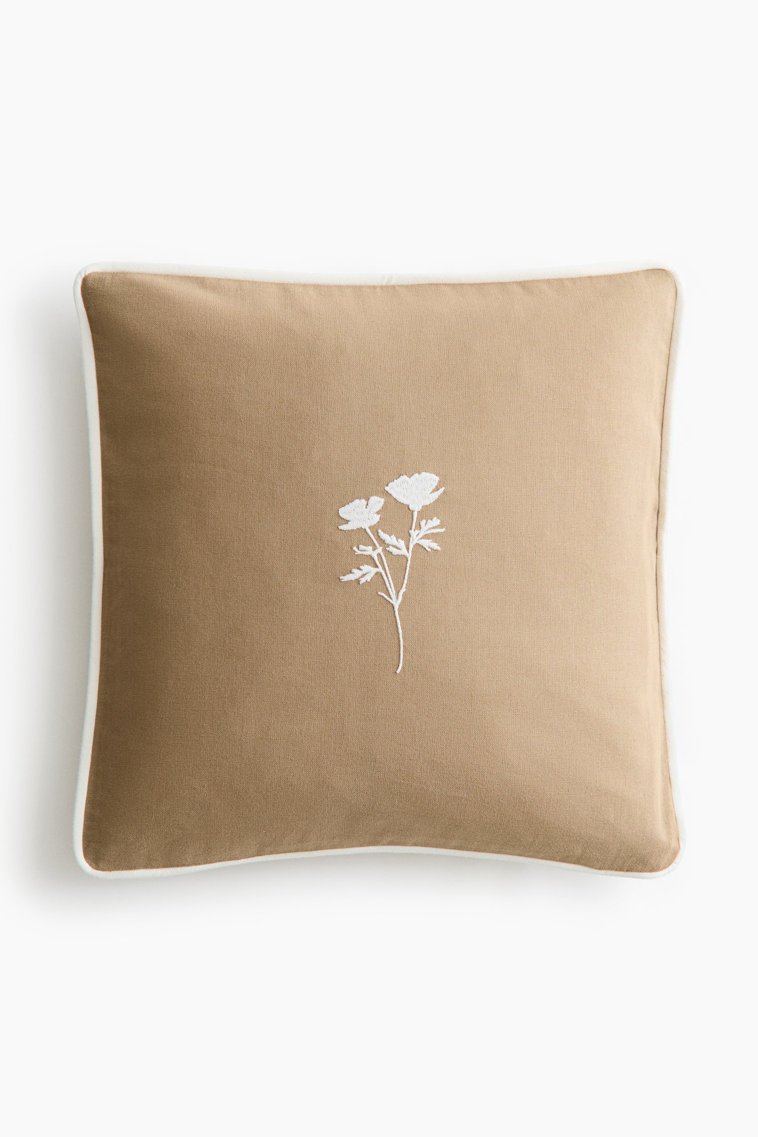 Embroidery-motif cotton cushion cover - Dark beige/Flower/Light beige/Flower
