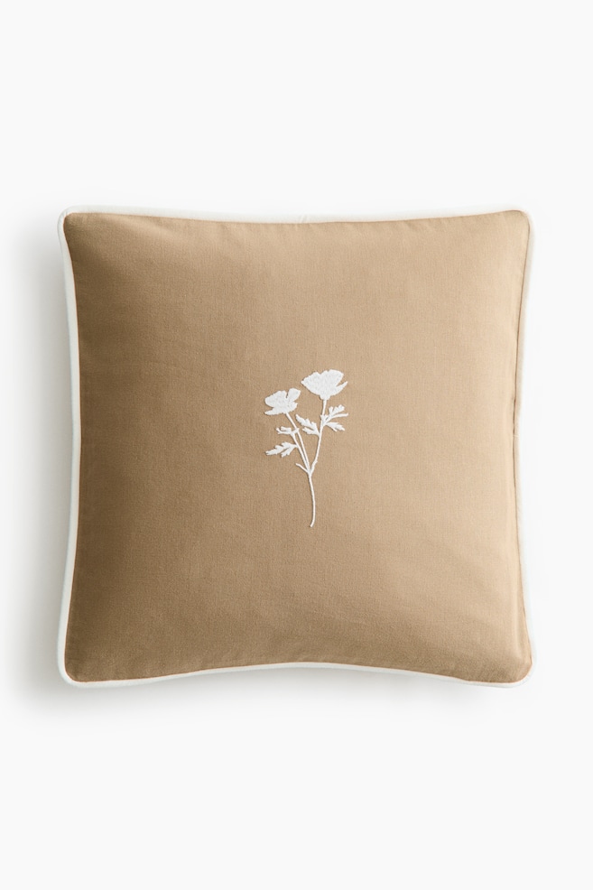 Embroidery-motif cotton cushion cover - Dark beige/Flower/Light beige/Flower - 1
