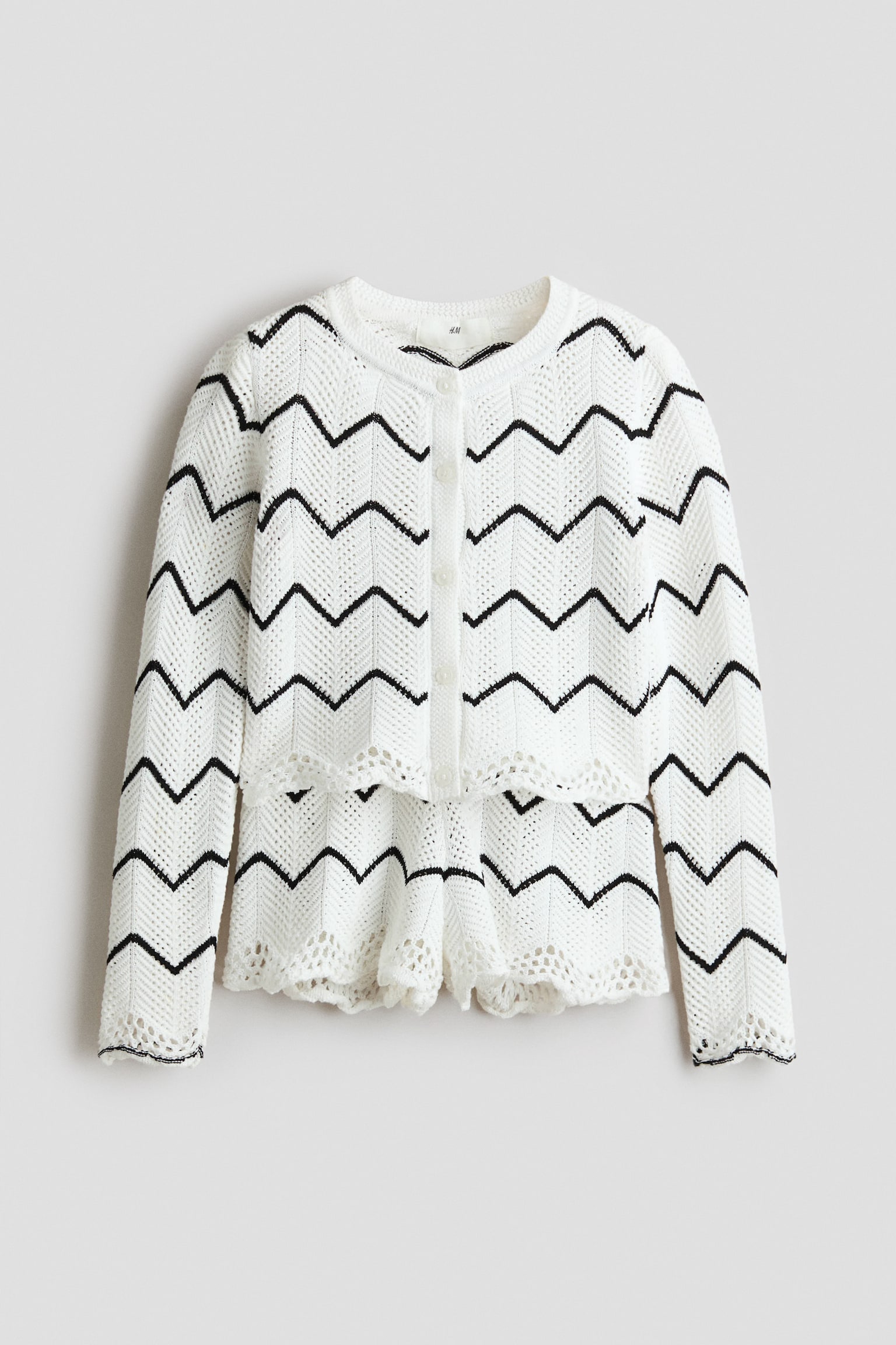 2-piece pointelle-knit cotton set - White/Black striped - 1