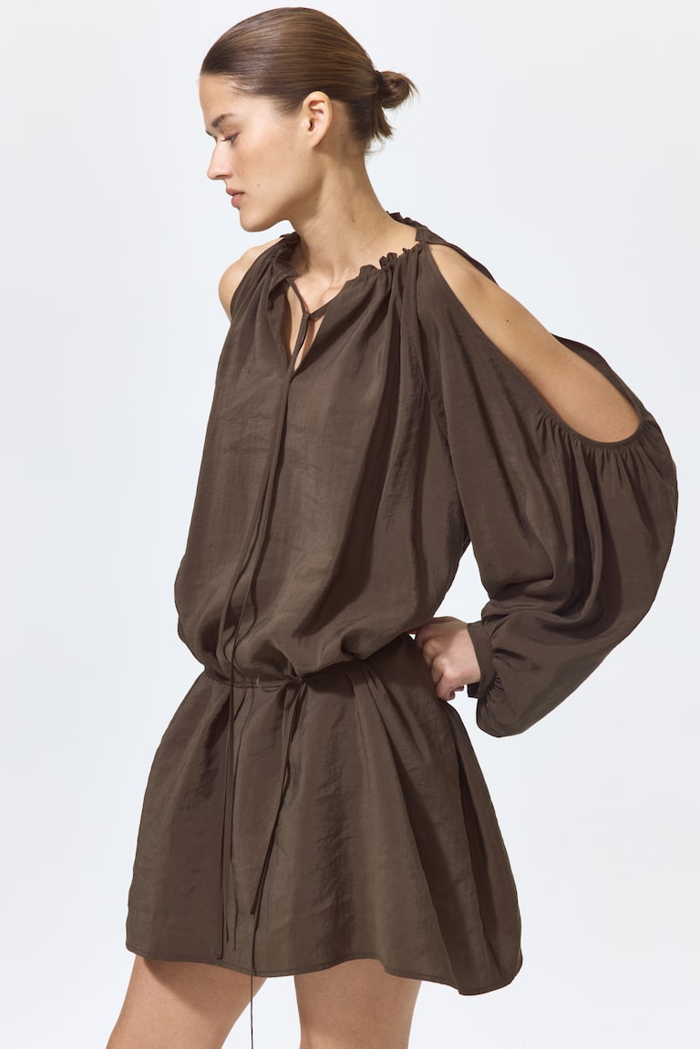 Women's Dark khaki green Balloon-Sleeved Open-Shoulder Dress | H&M US
